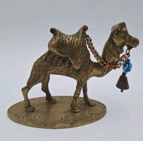 Vintage Turkish Brass Camel Figurine Etched Saddle Bell Boho Decor Statue