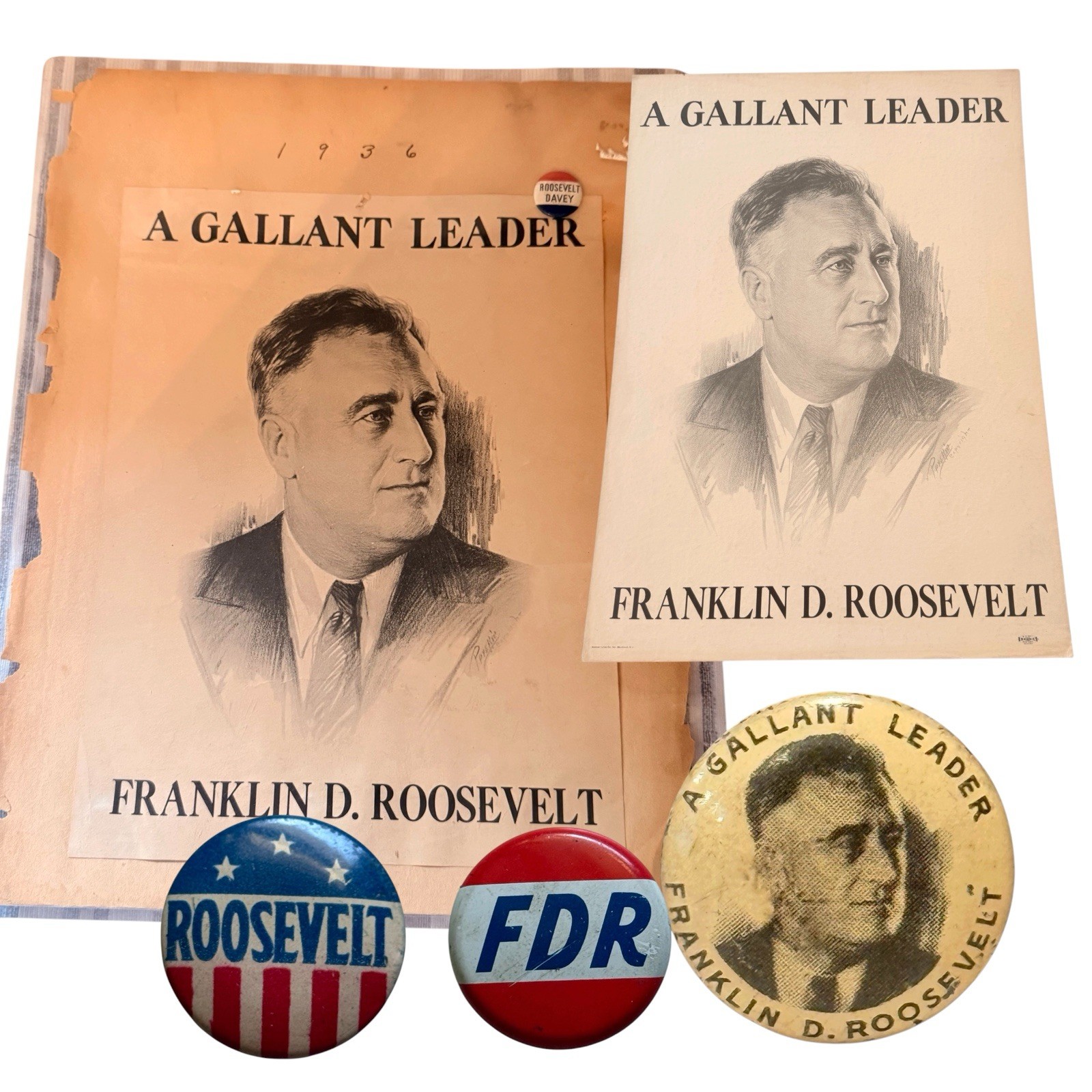 1936 FDR Franklin D. Roosevelt A Gallant Leader Campaign Lot Booklet Flyer Pins