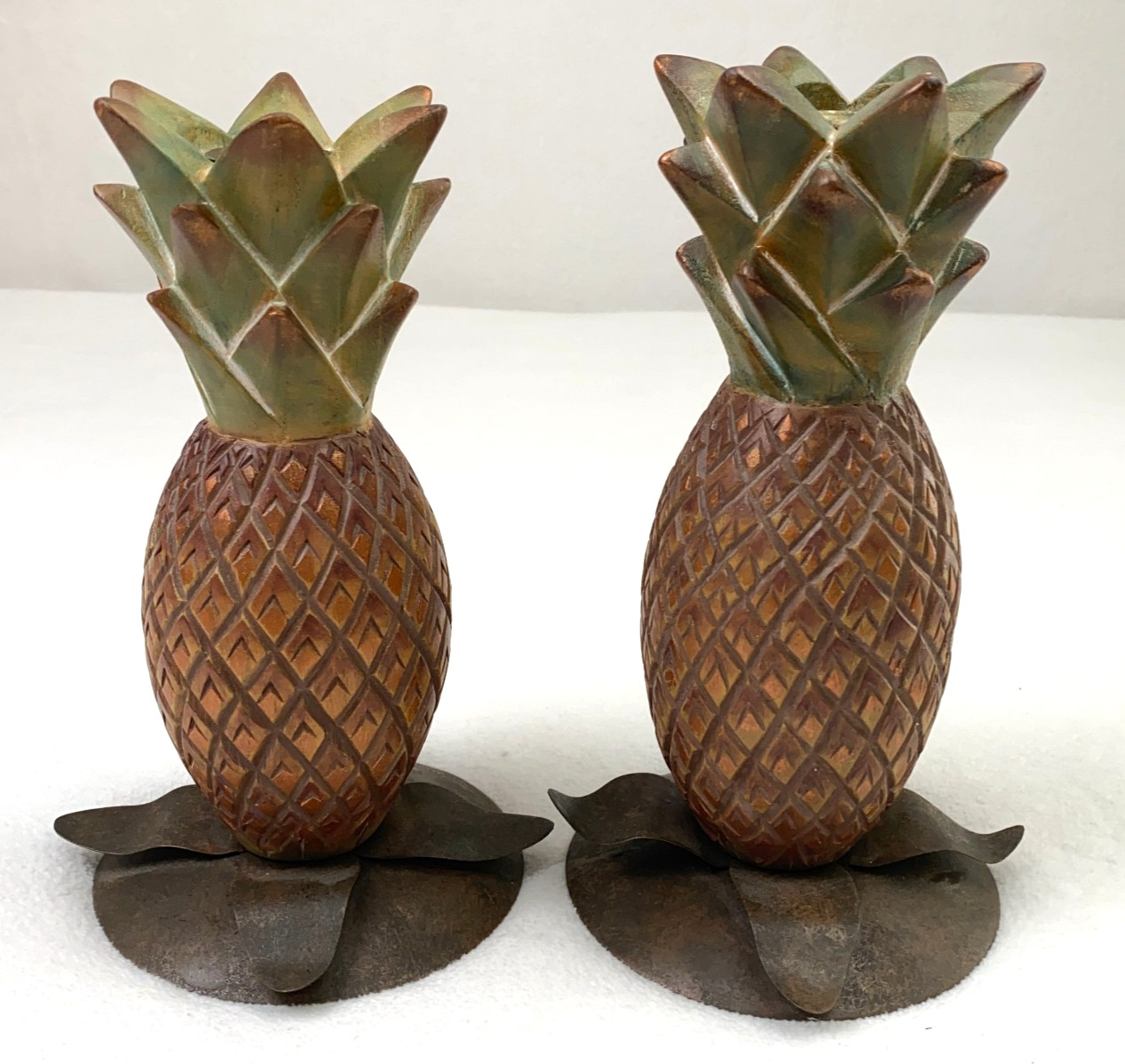 VTG MCM Set of 2 Wood & Brass Pineapple Tapper Candle Holders Tropical Decor 8x5