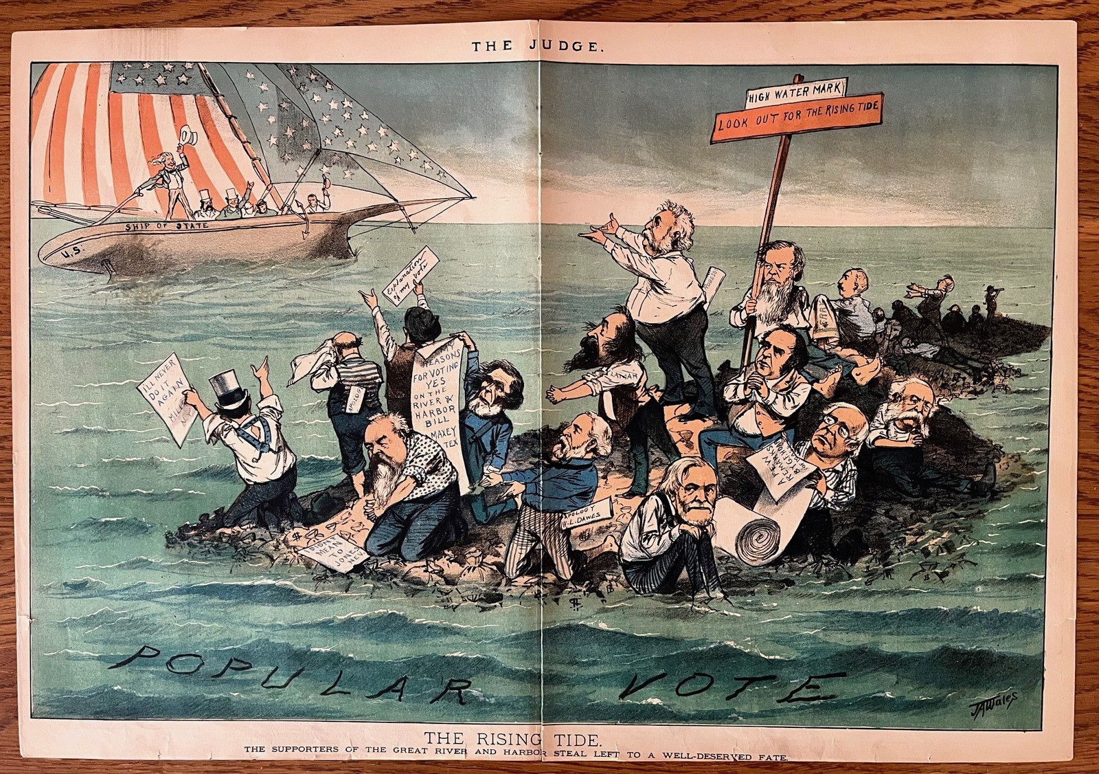 RARE THE JUDGE MAGAZINE CARTOON - THE RISING TIDE - CENTERFOLD - POLITICAL RARE THE JUDGE MAGAZINE CARTOON - THE RISING TIDE - CENTERFOLD - POLITICAL