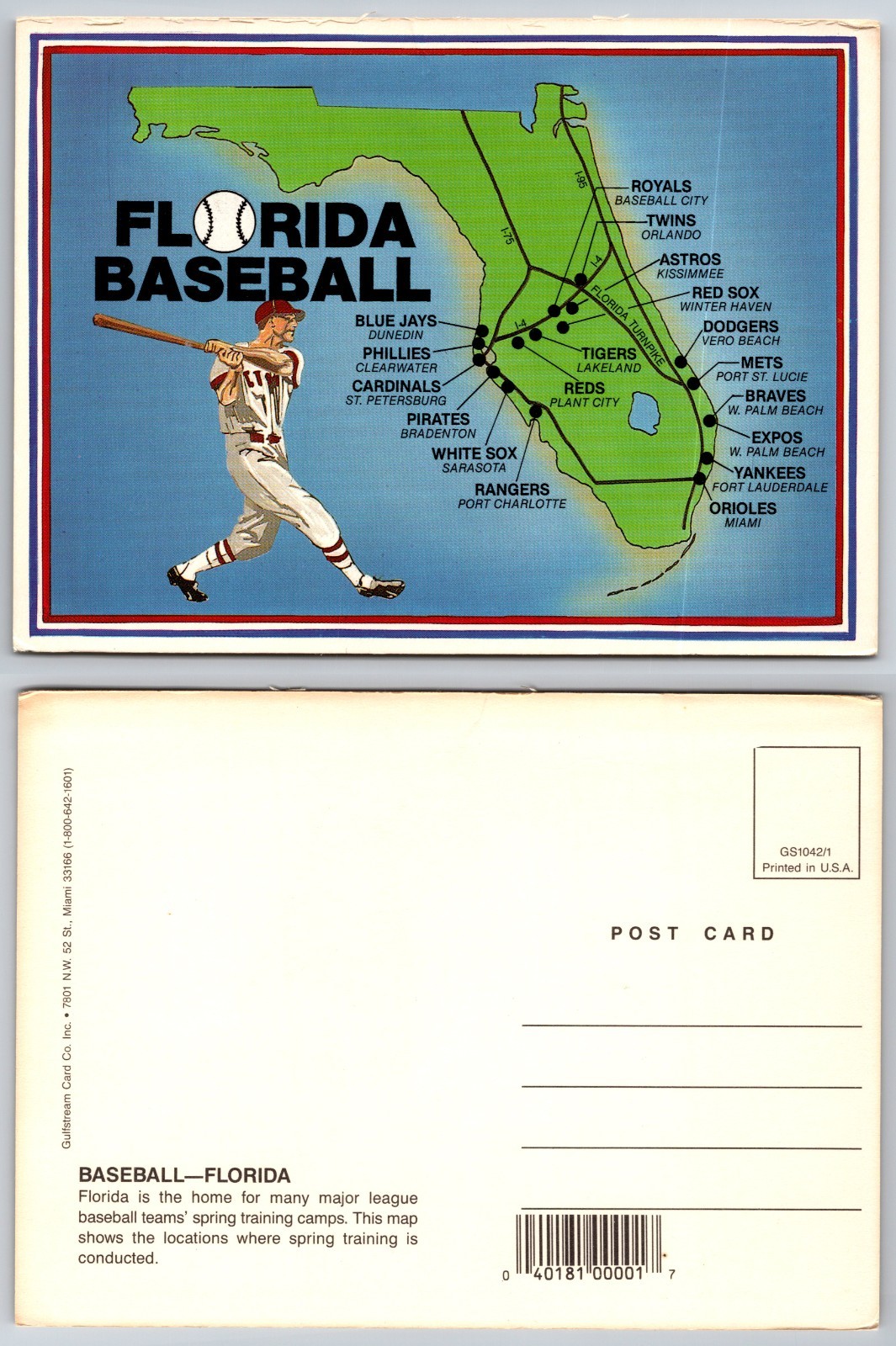 Continental Florida Baseball Map Postcard Continental Florida Baseball Map Postcard