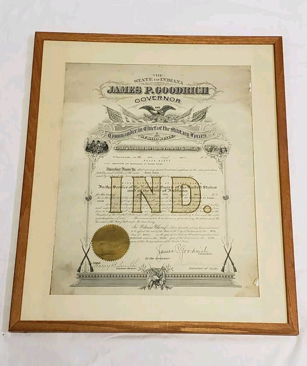 Governor James P. Goodrich Indiana WWI Military Appointment Framed