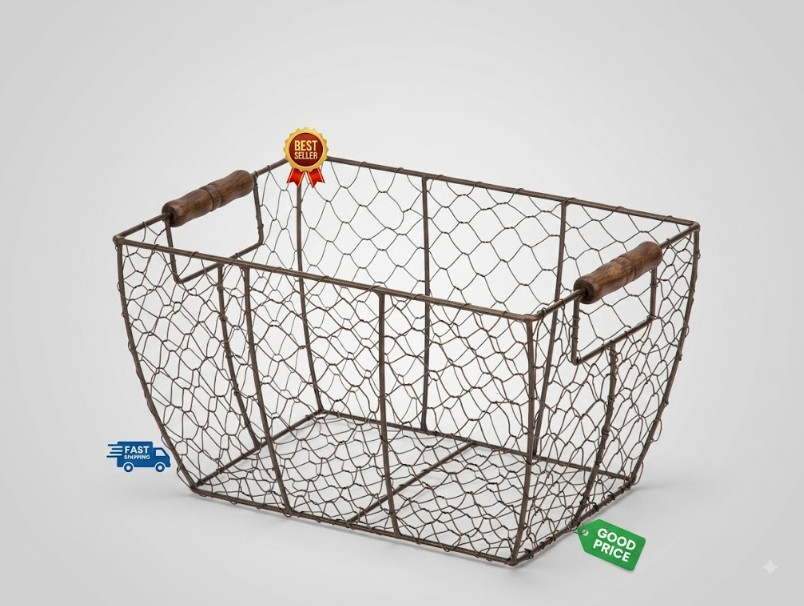 Decorative Brown Chicken Wire Basket with Wood Handles 12.2 Inch Storage Bin