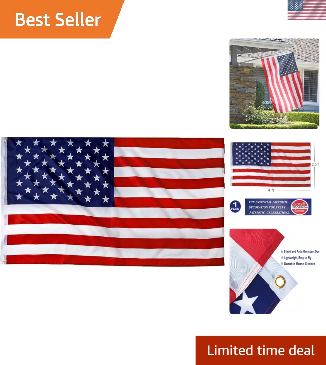 2.5' x 4' American Flag with Grommets - Perfect for Patriotic Holidays 2.5' x 4' American Flag with Grommets - Perfect for Patriotic Holidays
