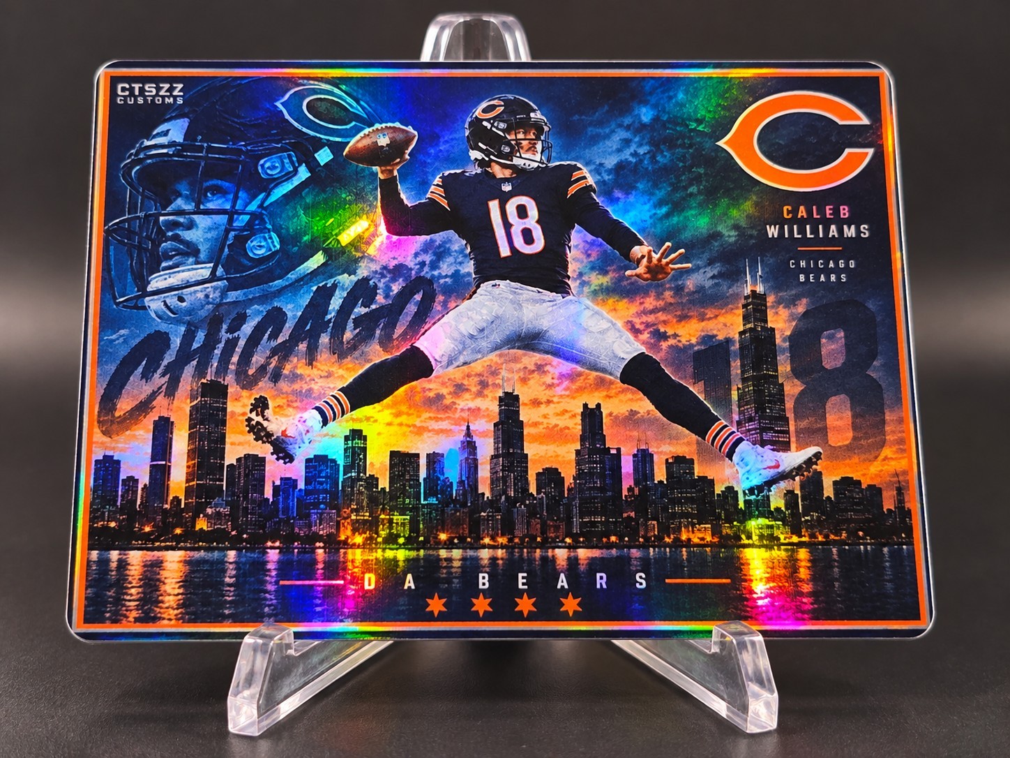 Caleb Williams #18 Chicago Bears Custom Art Holographic Card Chi-Town Skyline