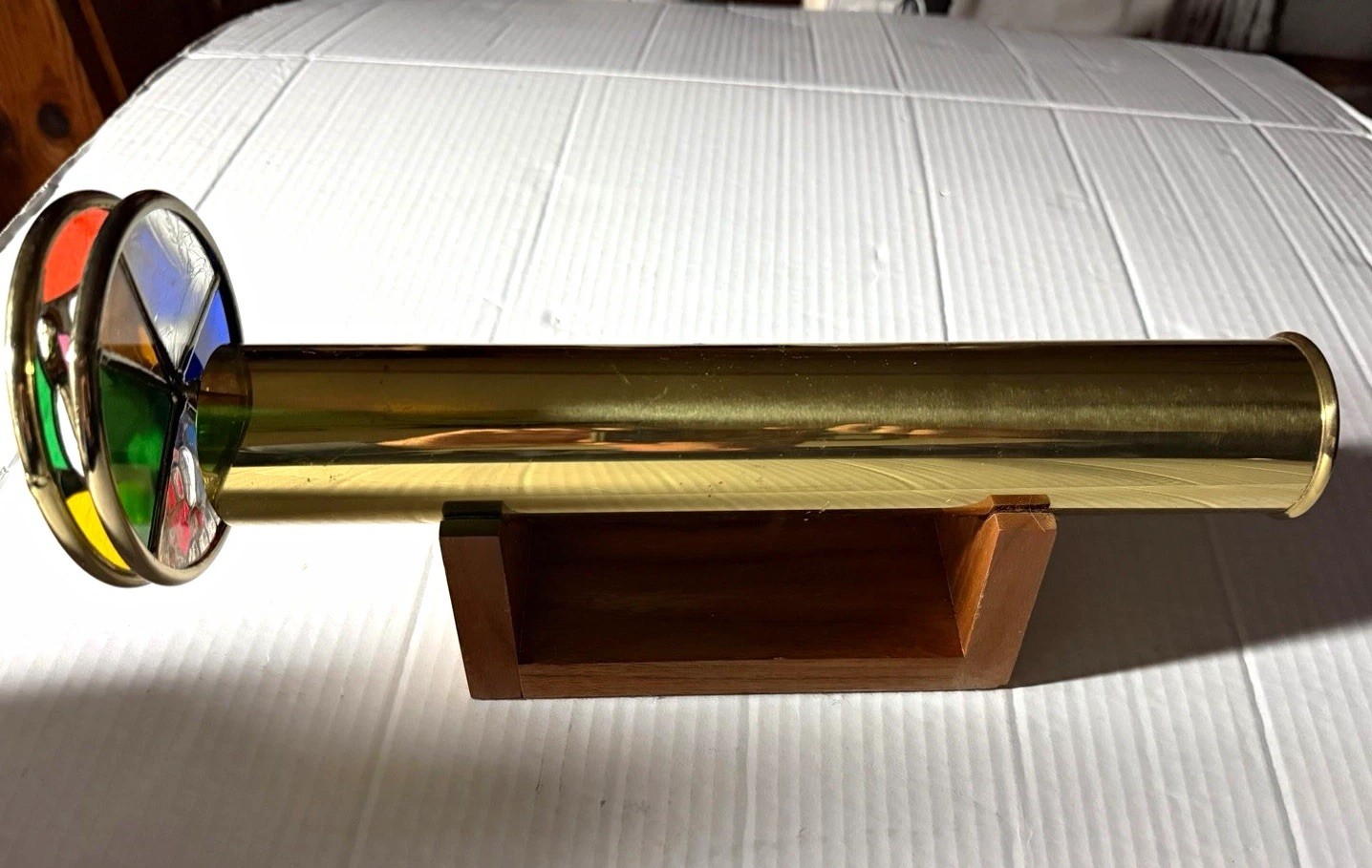 Vintage Mercedes Signed Brass Kaleidoscope Double Stained Glass Wheel w Stand