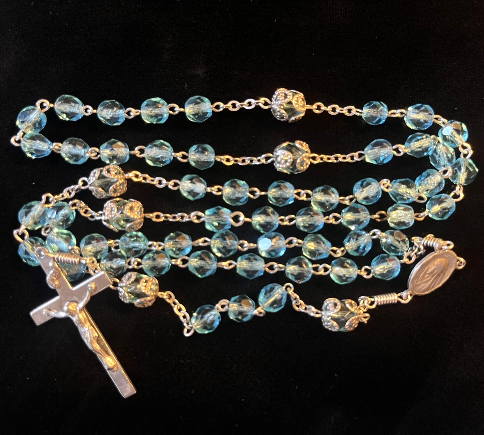 Vintage AFCO Sterling Silver Blue Topaz Crystal Rosary Filigree Dividers 20\