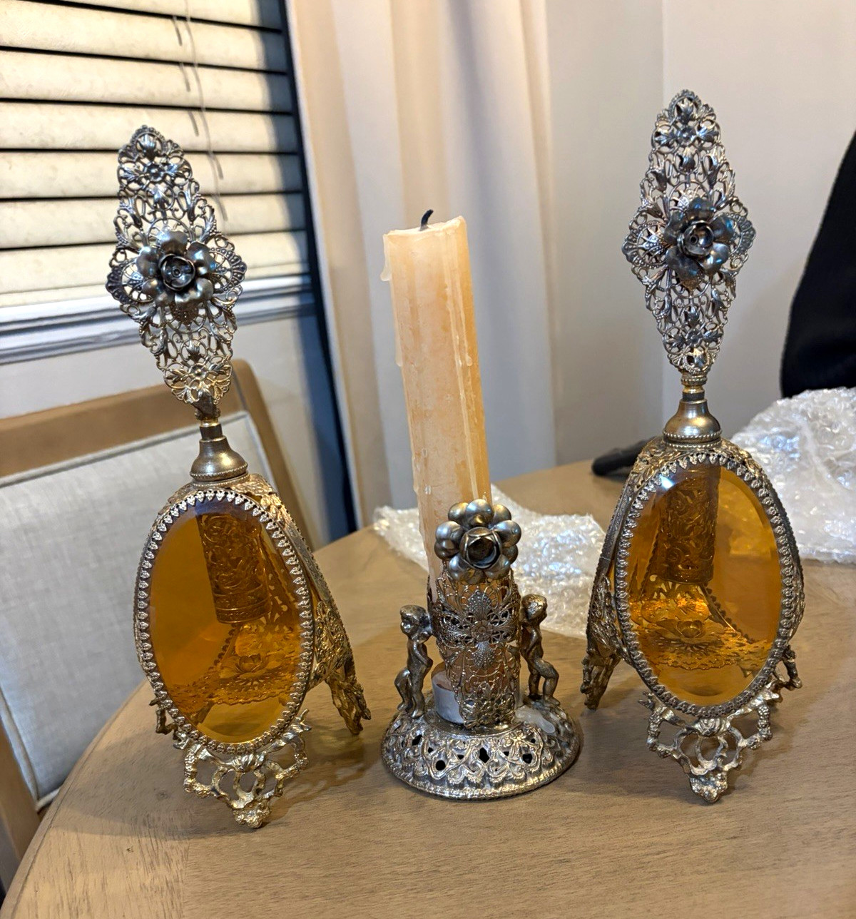 Vintage Hollywood Regency Ormolu Vanity Set - Pair Amber Glass Perfume Bottles & Vintage Hollywood Regency Ormolu Vanity Set - Pair Amber Glass Perfume Bottles &