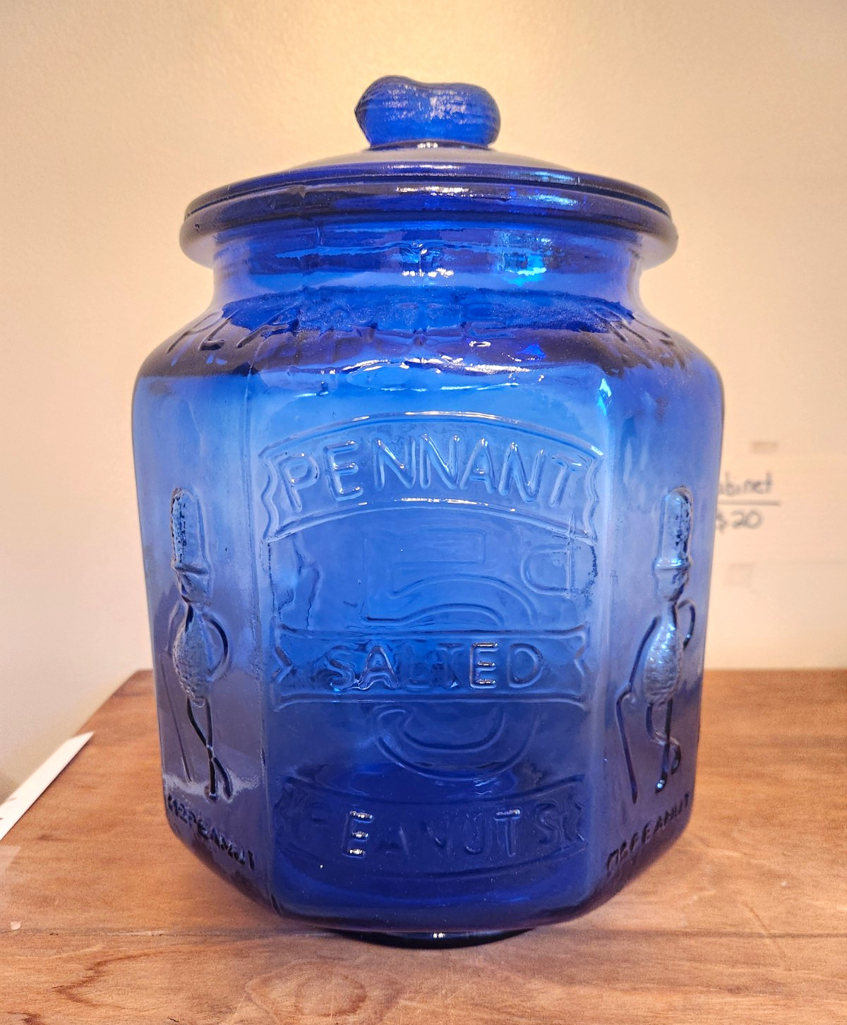 vintage cobalt blue glass jar Pennant Salted Peanuts with Mr. Peanut figure vintage cobalt blue glass jar Pennant Salted Peanuts with Mr. Peanut figure