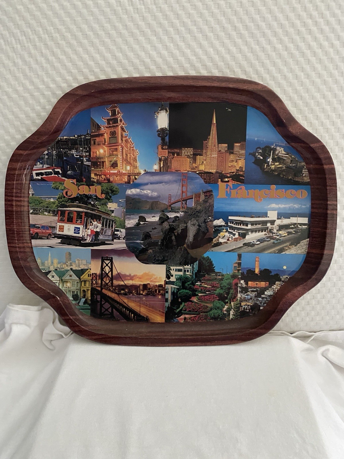 Vintage San Francisco California Souvenir Tin Metal Serving Tray Faux Wood Edge Vintage San Francisco California Souvenir Tin Metal Serving Tray Faux Wood Edge