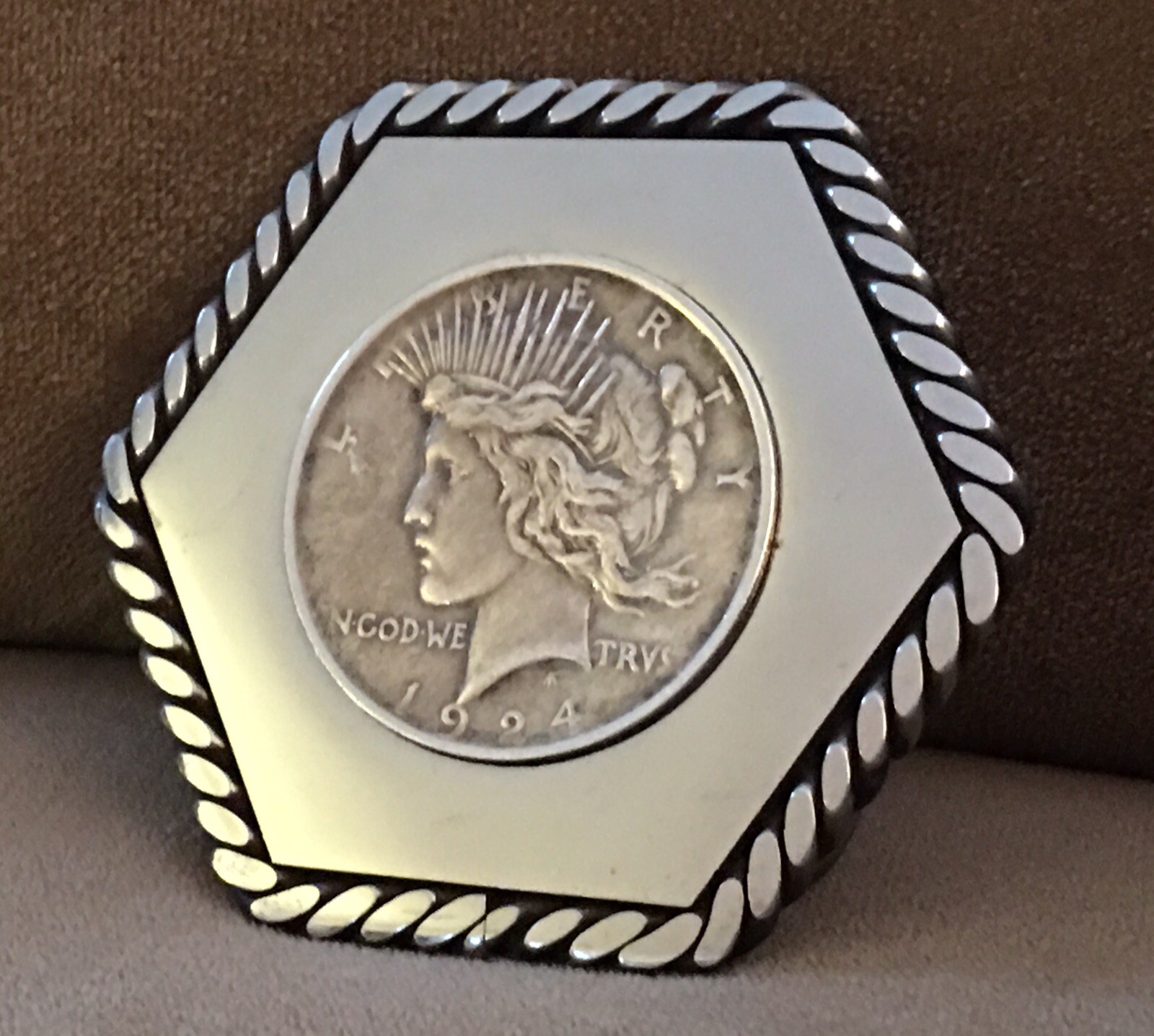 SALE Vintage Hexagon Stainless Steel 1924 USA Silver Dollar Belt Buckle SALE Vintage Hexagon Stainless Steel 1924 USA Silver Dollar Belt Buckle
