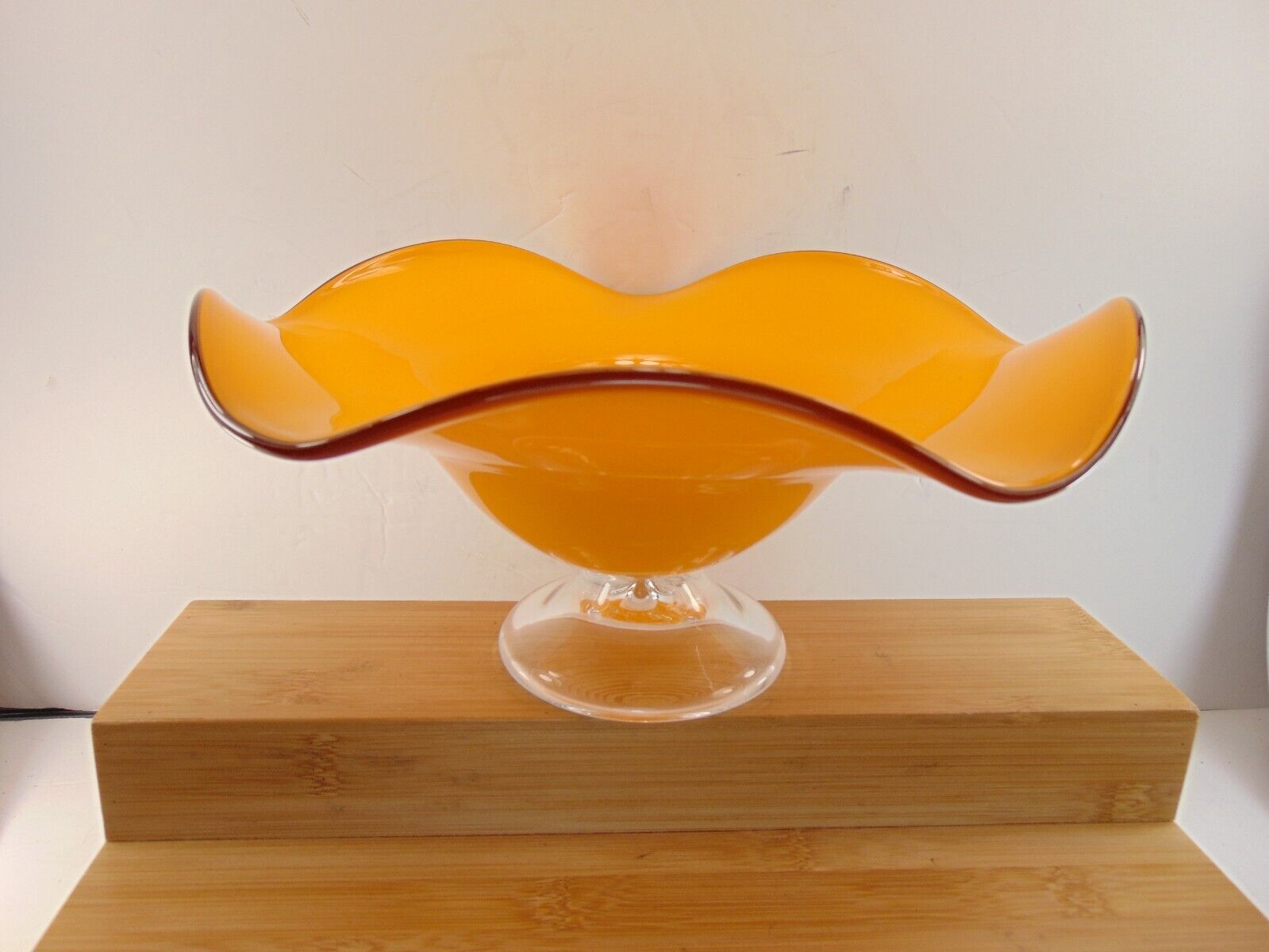 9” Teleflora Orange Tango Handblown Art Glass Ruffled Wave Compote Footed Bowl