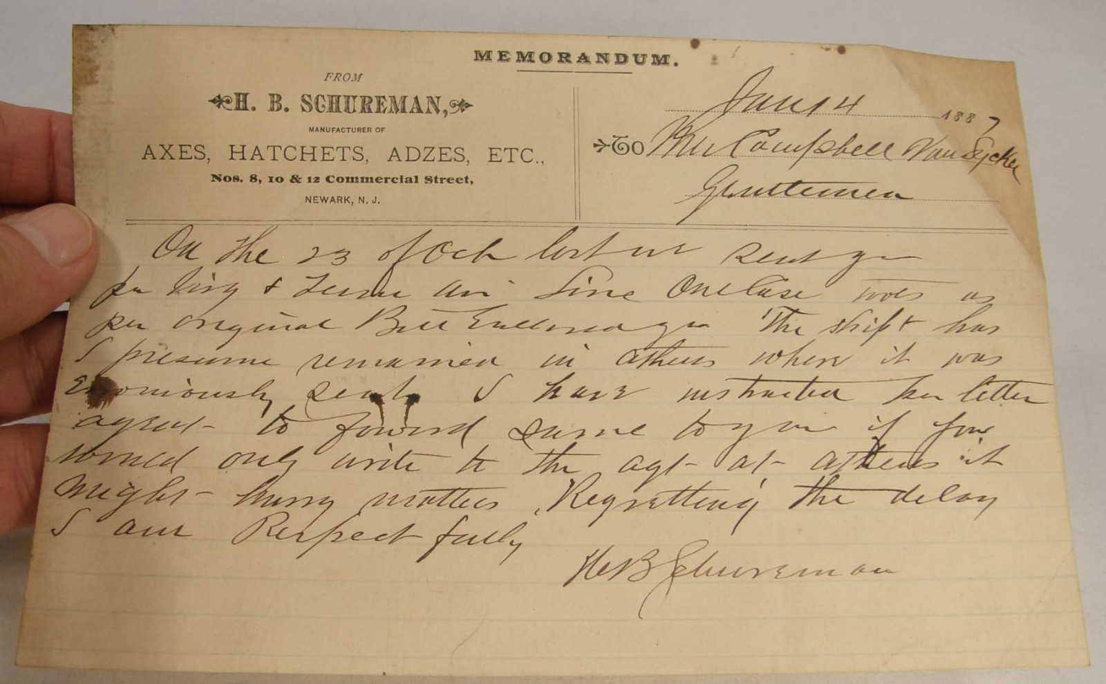 ANTIQUE 1887 MEMORANDUM H B SCHUREMAN AXE HATCHET MANUFACTURER NEWARK NJ