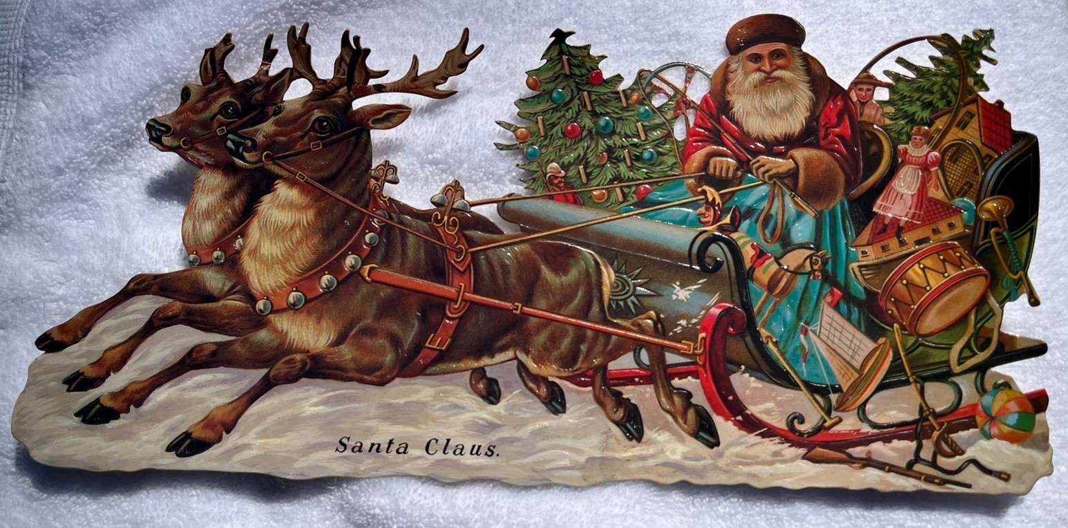 Vintage 1985 Merrimack Santa and Sleigh Victorian picture hanging Die Cut 14”x7” Vintage 1985 Merrimack Santa and Sleigh Victorian picture hanging Die Cut 14”x7”