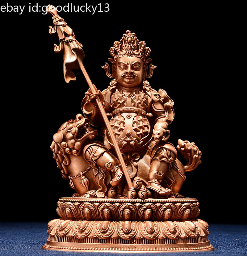 10cm Exquisite Red Copper carve Vaishravana buddha statue Lion Zambala decor