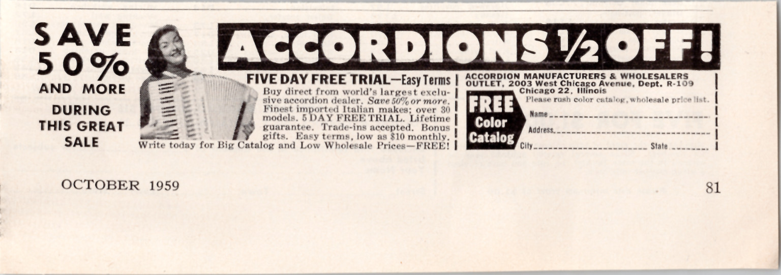 1959 Accordion Manufacturers Outlet Vintage Magazine Print Ad Music Chicago 1959 Accordion Manufacturers Outlet Vintage Magazine Print Ad Music Chicago