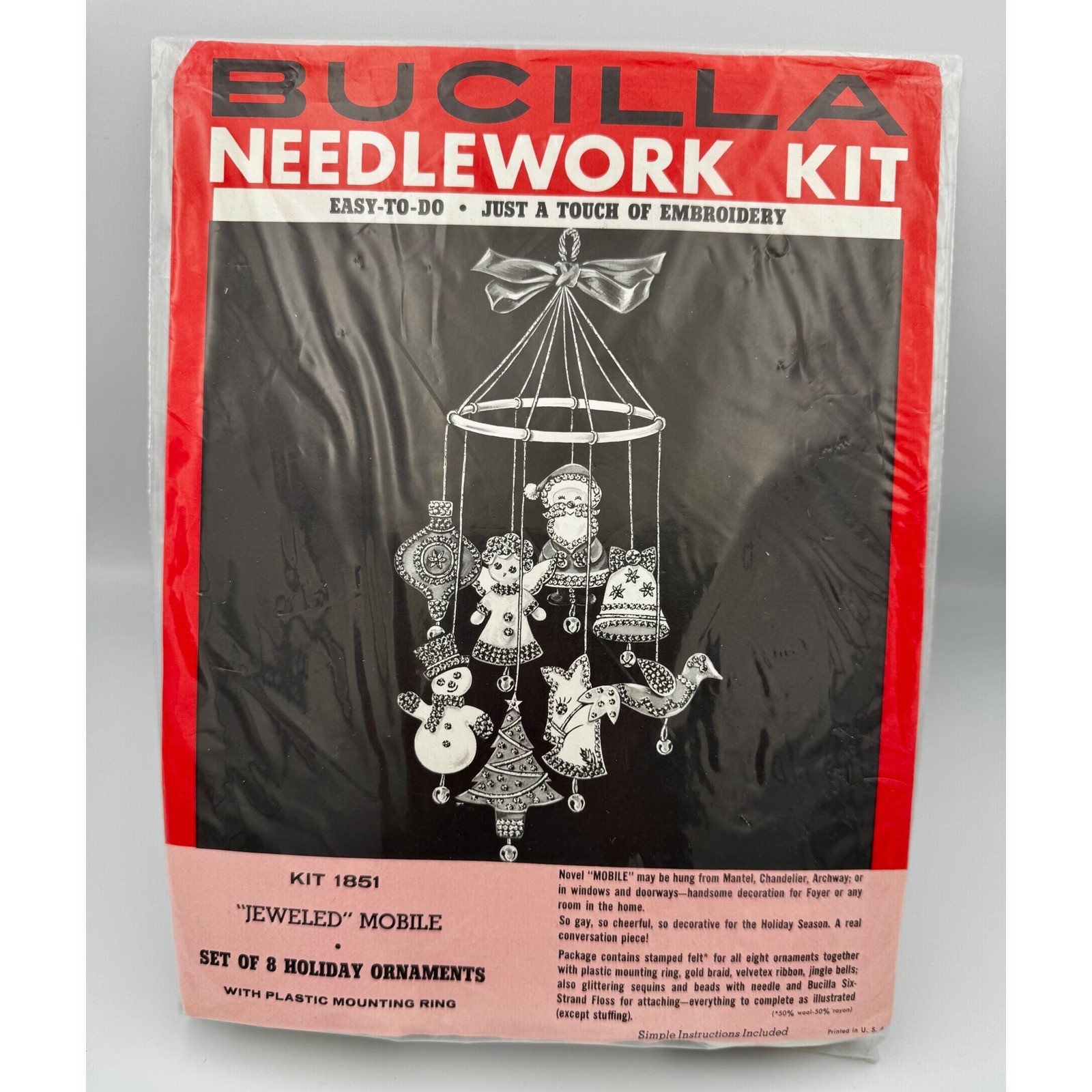 Vintage 1965 Bucilla Jeweled Mobile Christmas Ornament Kit 1851 Sealed Felt 8PC
