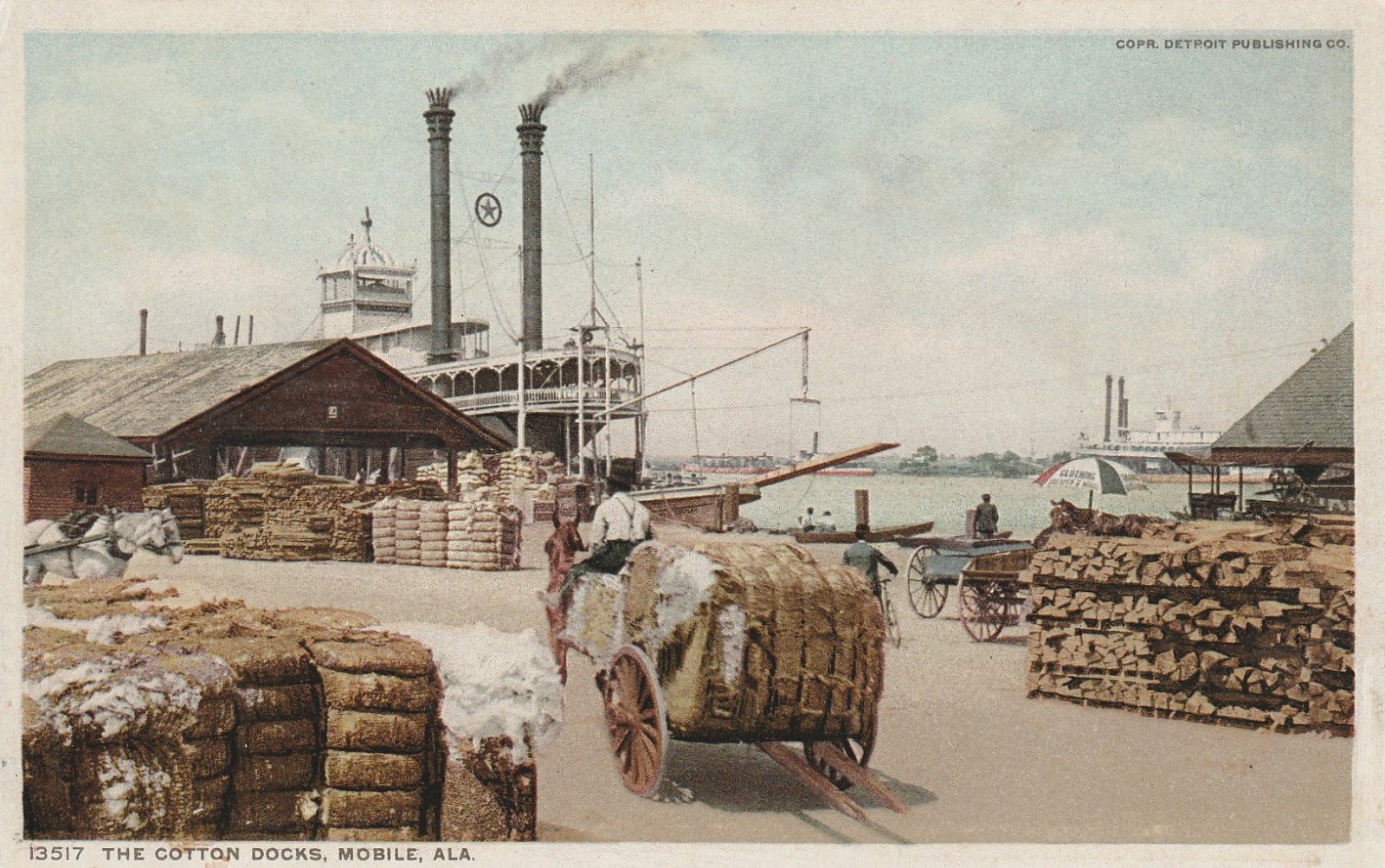 c1909 Mobile AL Busy Cotton Docks Steamboats Cotton Wagon Lumber Phostint PC c1909 Mobile AL Busy Cotton Docks Steamboats Cotton Wagon Lumber Phostint PC