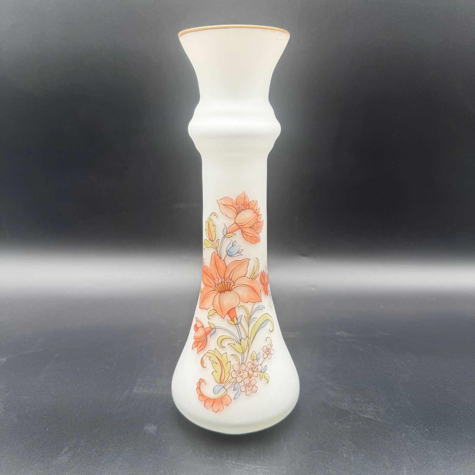 Norleans White Frosted Glass Vase Handmade Italy Floral Transfer 10\