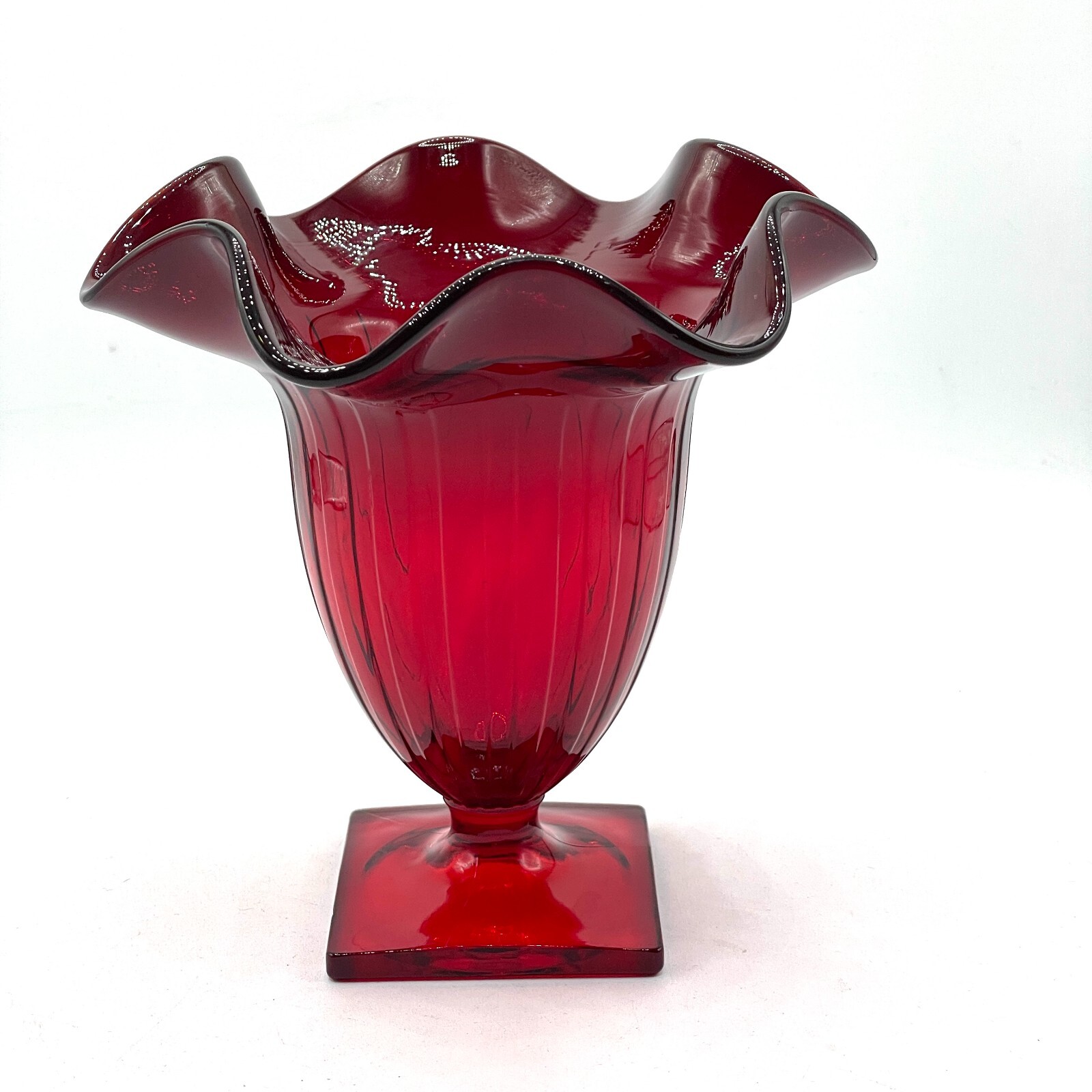 Vintage Handblown Cranberry Red Glass Ruffled Flared Rim Paneled Footed Vase 6\