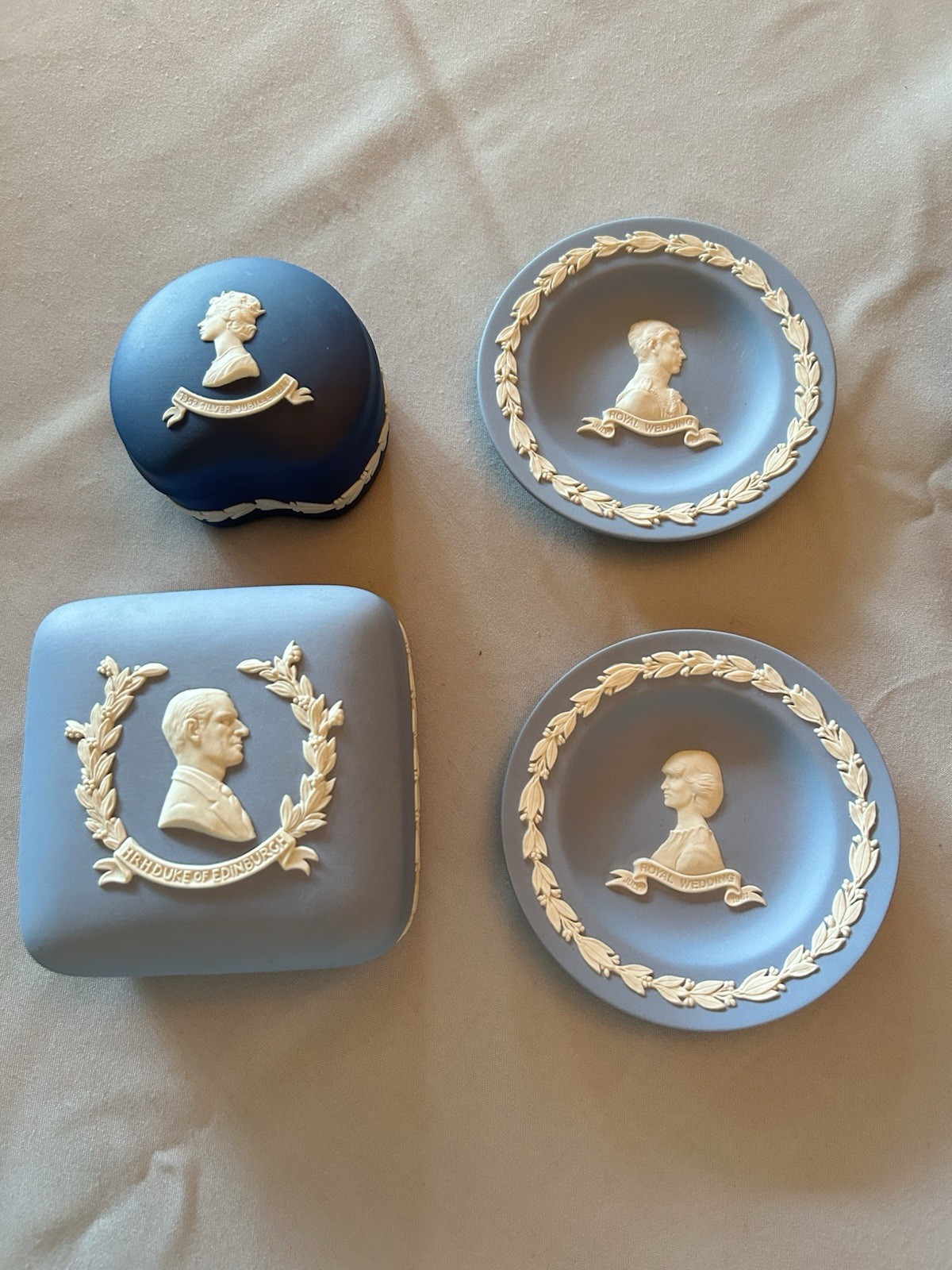 Blue Wedgwood Jasperware Queen Elizabeth Prince Philip Charles Diana Boxes Trays
