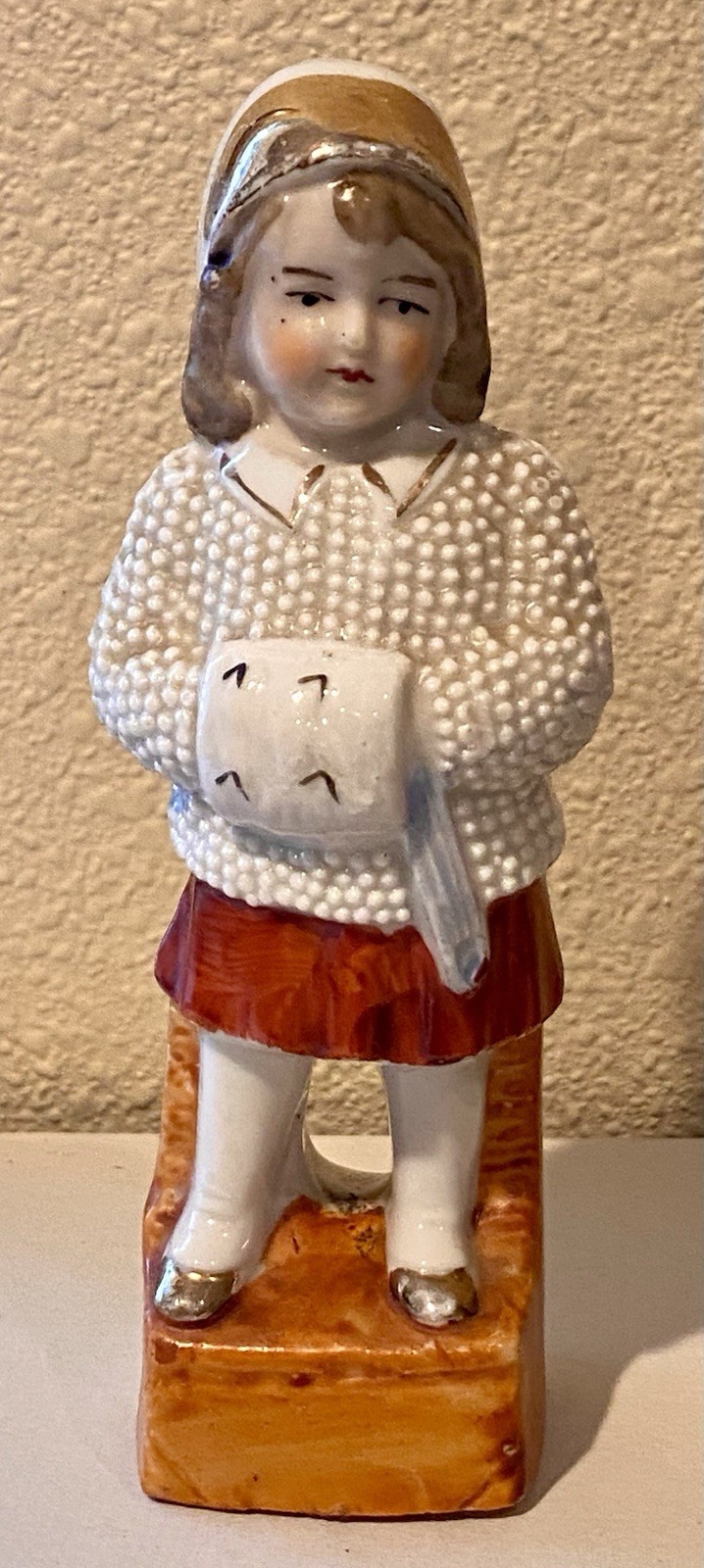 Antique German Porcelain Bisque Snow Winter Girl Hat Muff Textured Figurine