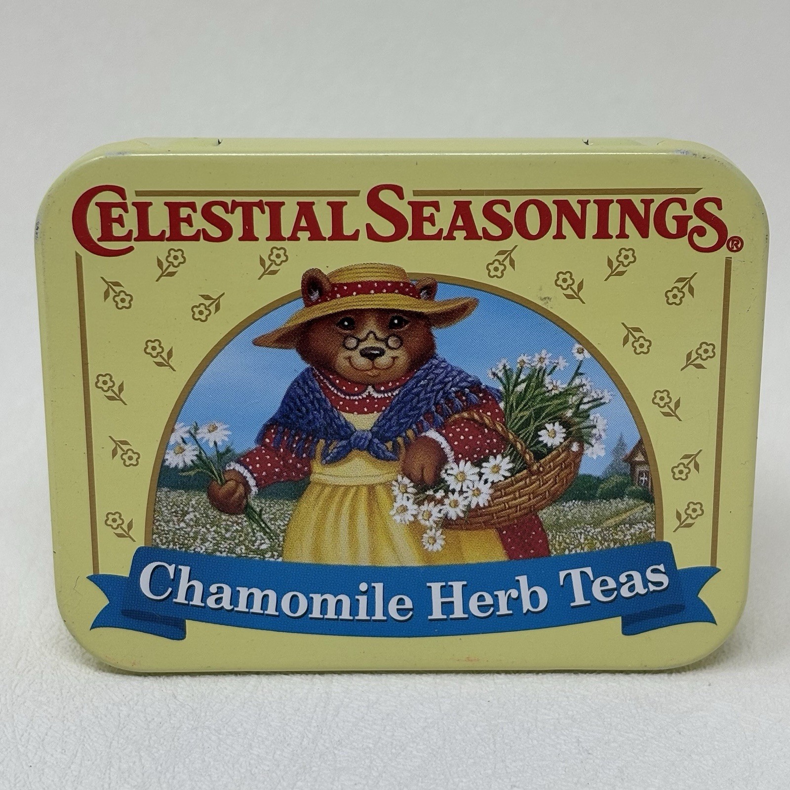 VTG Celestial Seasonings Tea Tin Chamomile Flower & Bear Collectible Yellow Box VTG Celestial Seasonings Tea Tin Chamomile Flower & Bear Collectible Yellow Box