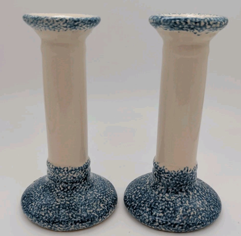 Vintage Blue And White Spongeware Ceramic Candle Holders Farmhouse Decor Vintage Blue And White Spongeware Ceramic Candle Holders Farmhouse Decor