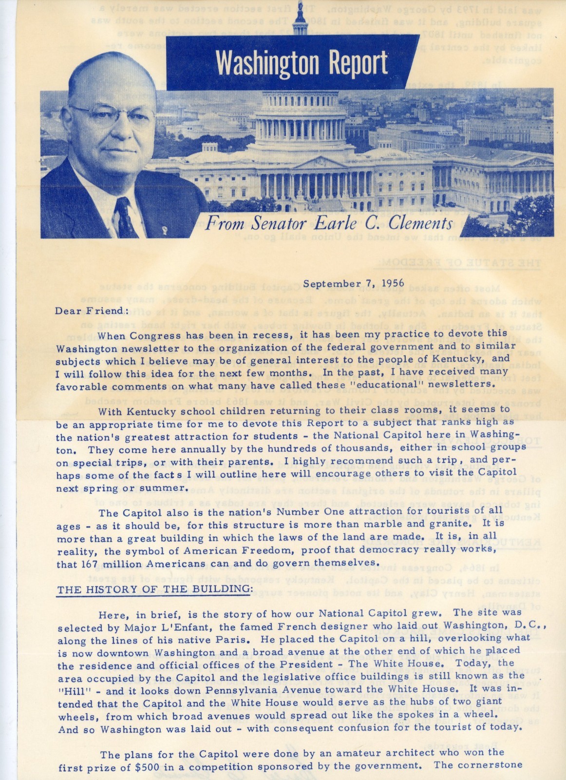 1956 Washington Report Newsletter Senator Earle C. Clements Kentucky US Capitol 1956 Washington Report Newsletter Senator Earle C. Clements Kentucky US Capitol