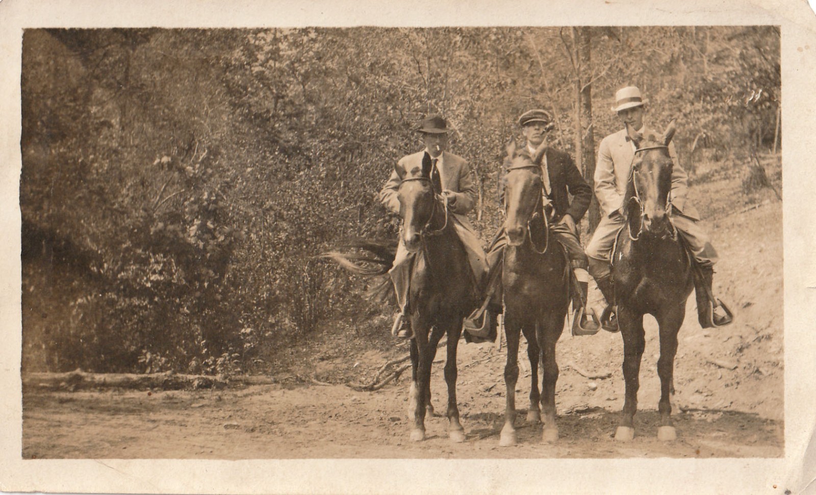 Antique Photo Men on Horses Posing Smoking Pipe Cigarette Artistic Sepia Tone