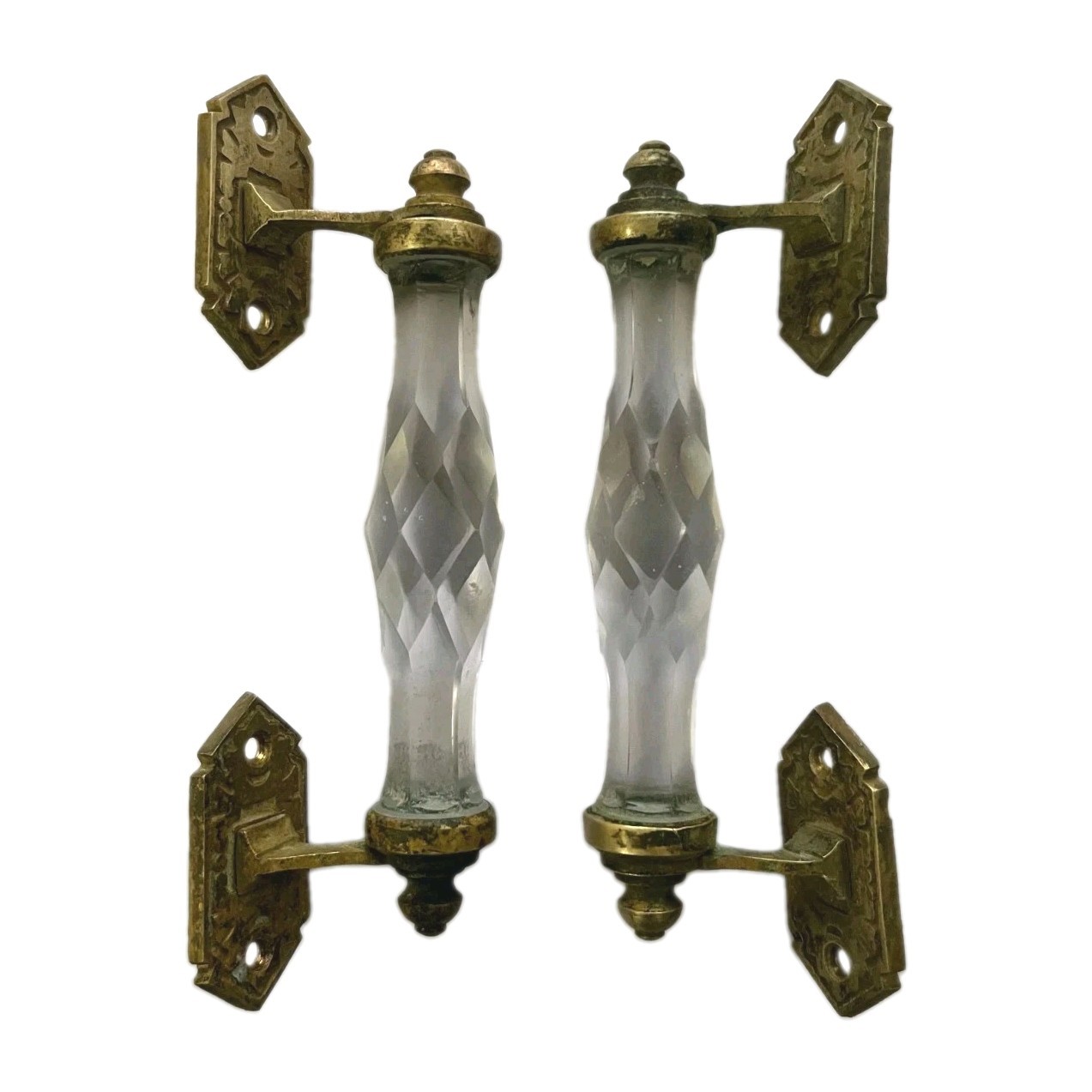 2 PC'S RARE VINTAGE BRASS CUT GLASS VICTORIAN ROYAL HANDLE  COLLECTABLE 