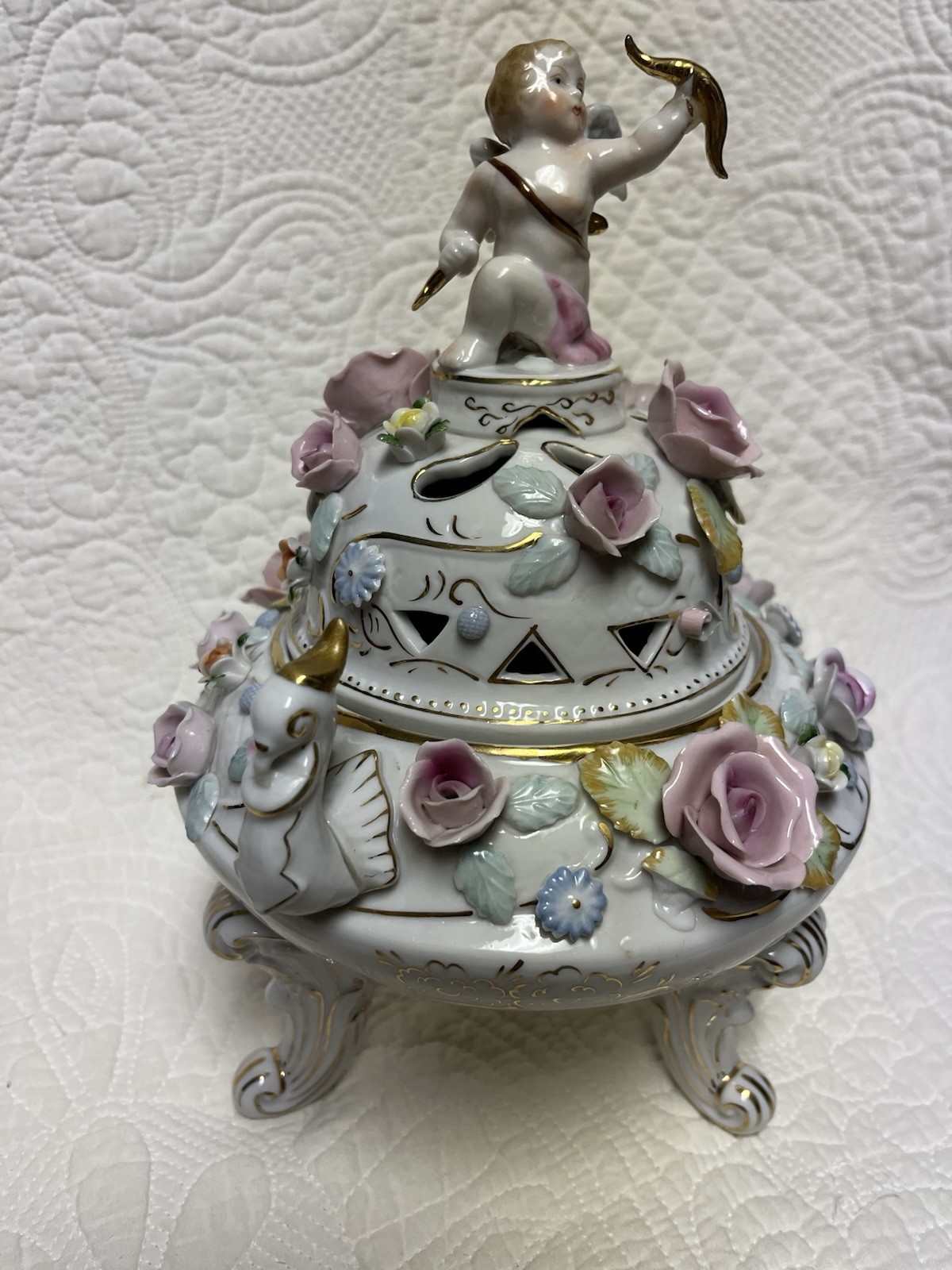 Vintage UCAGCO Japan Porcelain Cherub Swan Rose Covered Bowl Urn Hand Painted