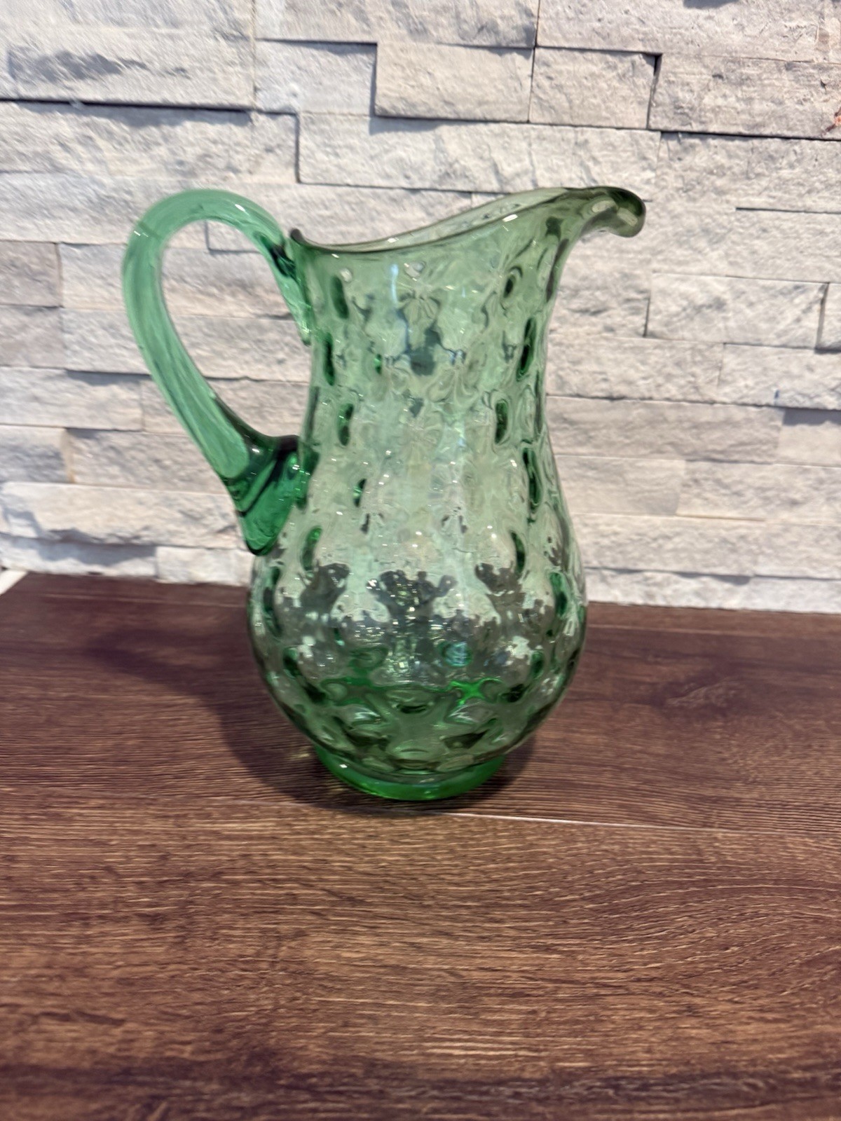 VTG Hand-Blown Green Glass Optic Dot Pitcher |  Art Glass Water Lemonade Pitcher