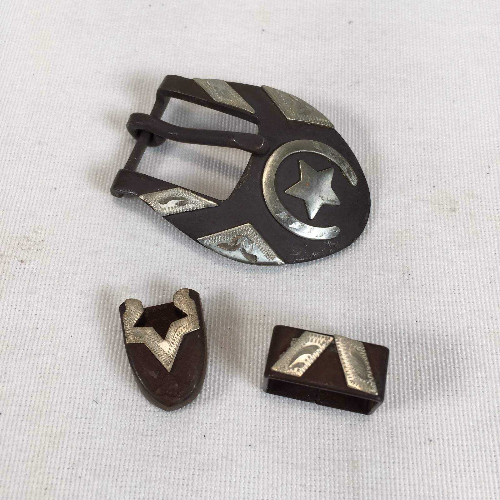3pc Vtg Western Belt Buckle Brown Hand Engraved Silver Horseshoe Lone Star