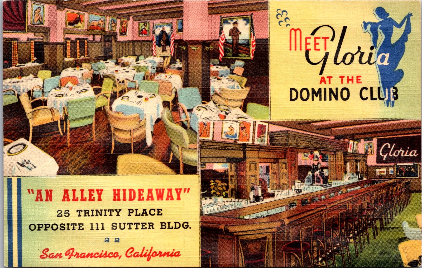 Domino Club San Francisco Meet Gloria Bar Lounge Linen Postcard Golden Gate Era