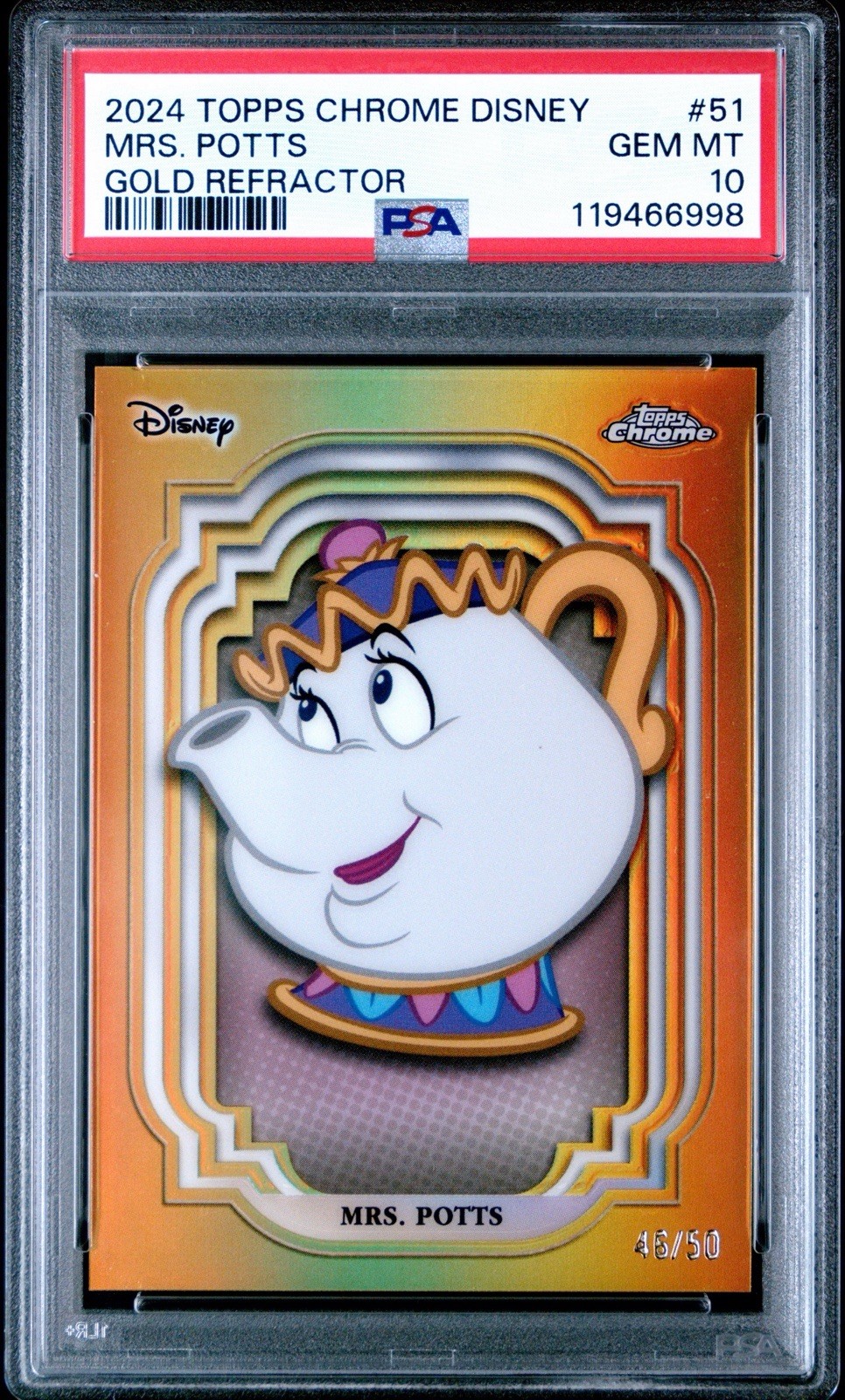 2024 Topps Chrome Mrs. Potts TRUE Gold Refractor #/50 PSA 10 POP 8 2024 Topps Chrome Mrs. Potts TRUE Gold Refractor #/50 PSA 10 POP 8