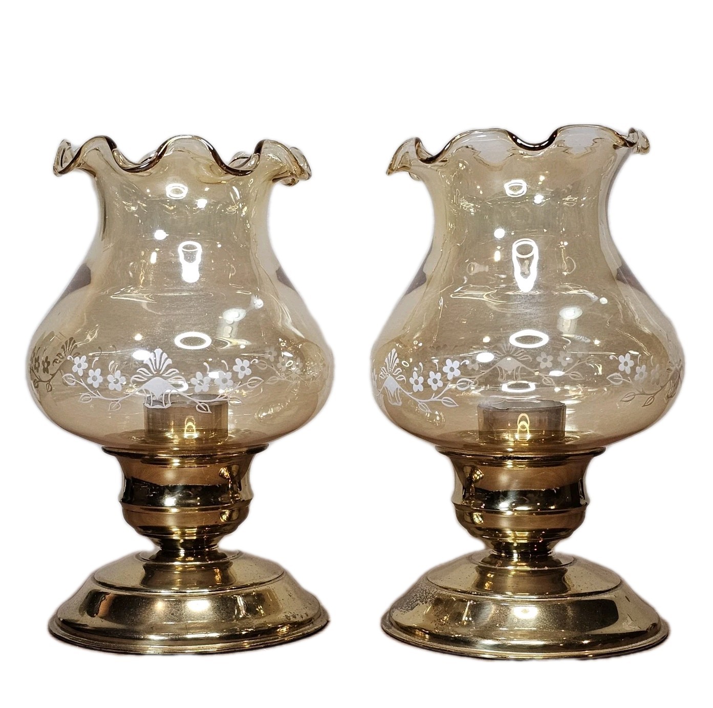 Vintage Amber Glass Hurricane Lamp Candle Holder England Set of 2 MCM Brass Vintage Amber Glass Hurricane Lamp Candle Holder England Set of 2 MCM Brass