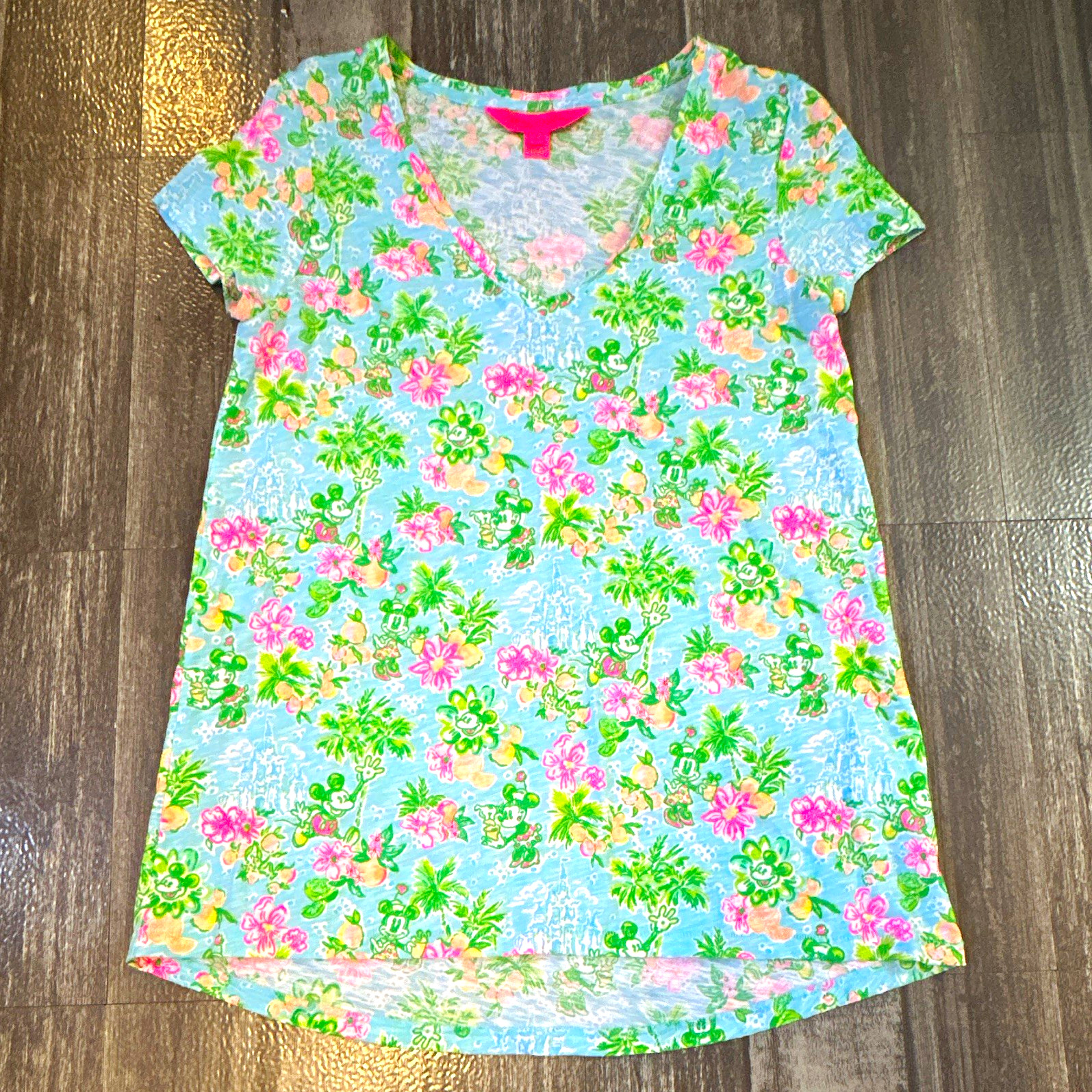 Disney x Lilly Pulitzer Mickey Mouse Floral Print T-Shirt Blue Pink Green S