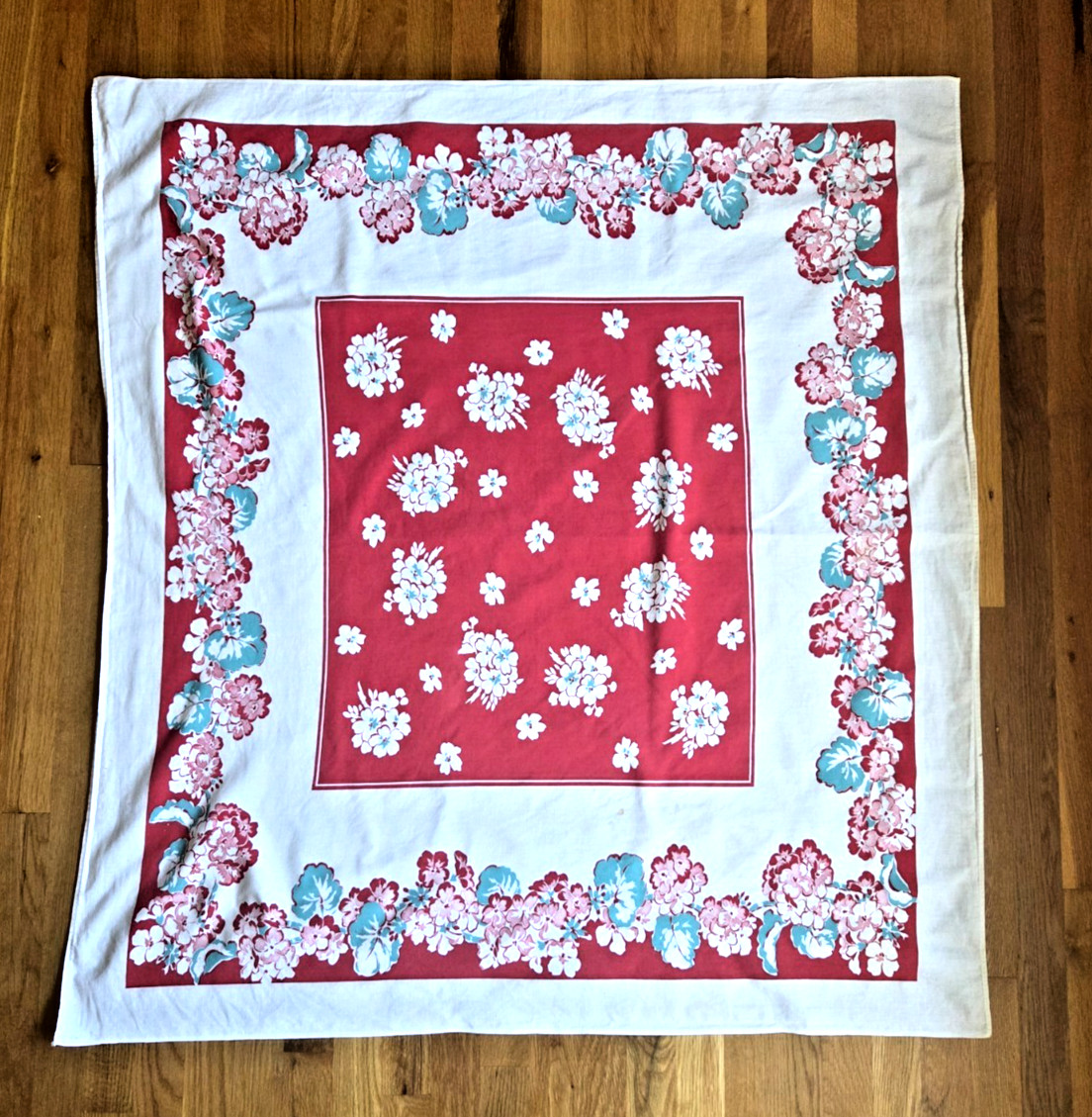 Vintage Red Pink Aqua White Flour Sack Tablecloth 44x46