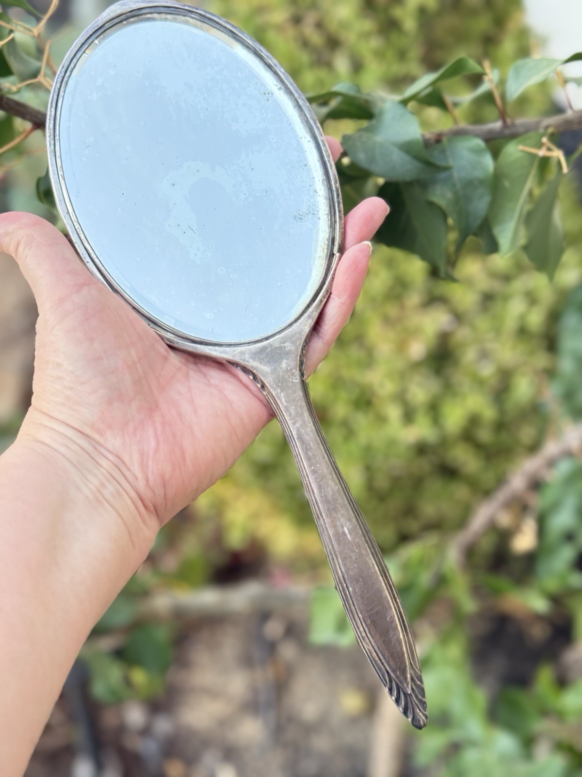 Vintage Monogramed Large Sterling Silver Handheld Vanity Mirror Damaged At Neck