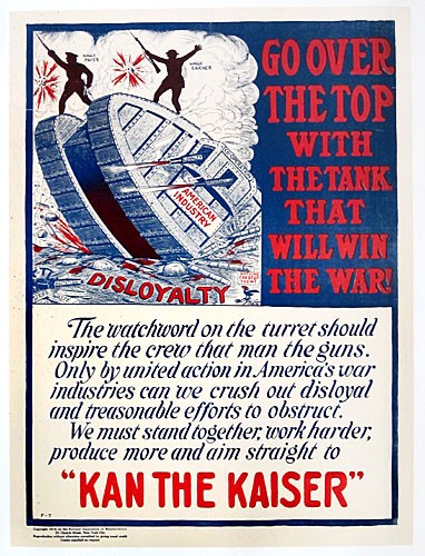 Original WWI US Industry Poster - Go Over the Top with the Tank Original WWI US Industry Poster - Go Over the Top with the Tank