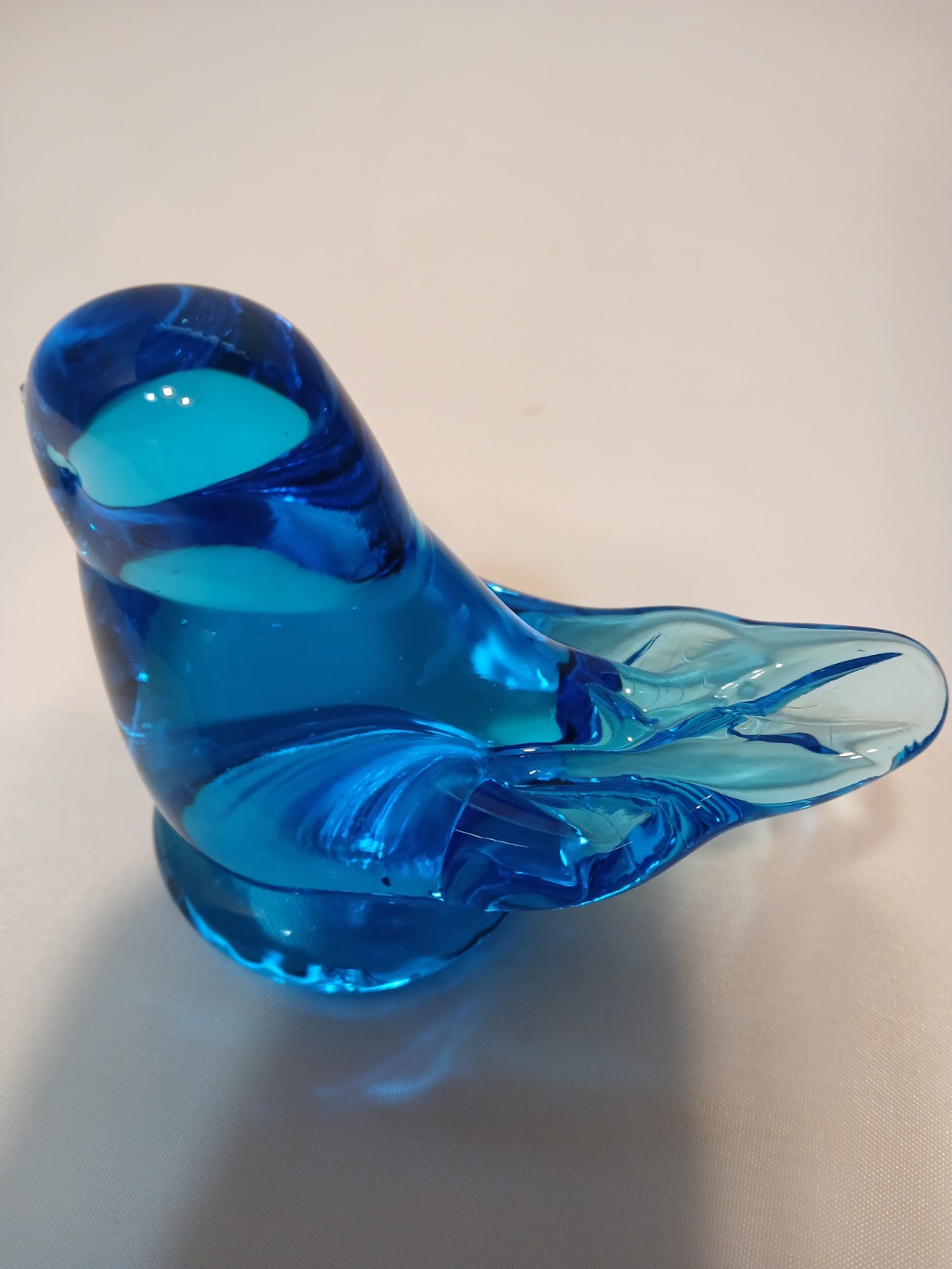 Vtg Blue Bird of Happiness Art Glass  Paperweight Leo Ward 1990 Tail Up 2” Signe