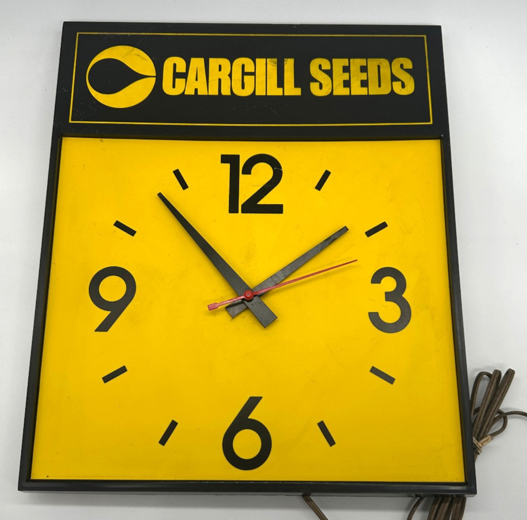 Vintage 1970s Cargill Seeds Black & Yellow Advertising Electric Wall Clock Works