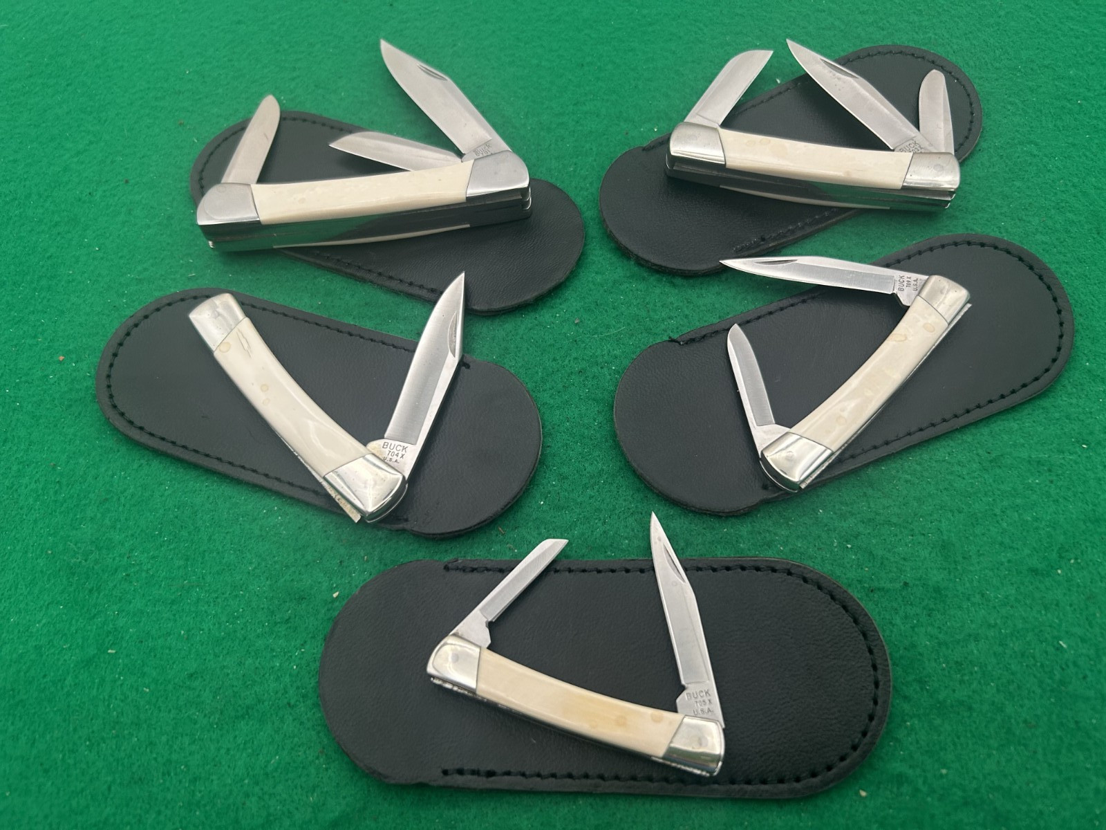 1979-2002 BUCK CUSTOM SHOP 700 Series SET of 5 BONE Knives, Knife sheaths 1979-2002 BUCK CUSTOM SHOP 700 Series SET of 5 BONE Knives, Knife sheaths