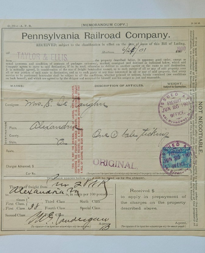 Antique 1901 Pennsylvania Railroad Bill of Lading - Alexandria VA - Revenue Sta Antique 1901 Pennsylvania Railroad Bill of Lading - Alexandria VA - Revenue Sta