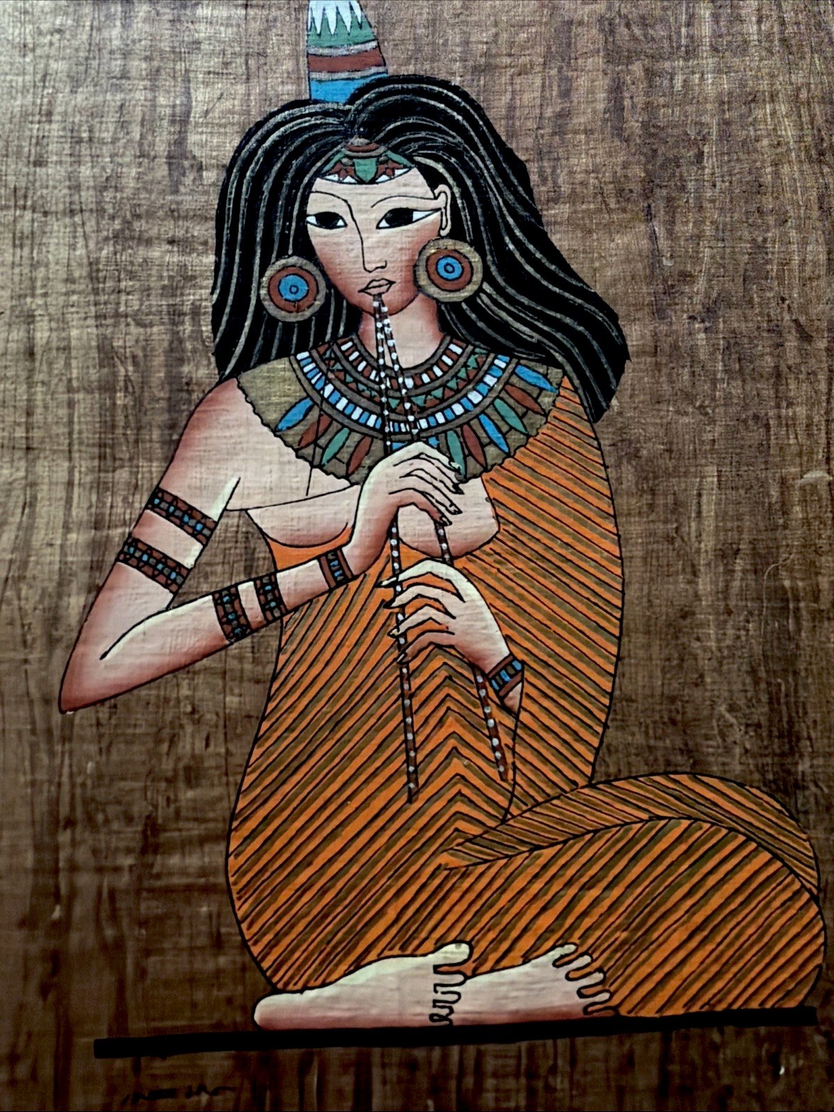 Vintage Egyptian Papyrus Painting Seated Woman Hand Painted Egypt Rare-Signed.