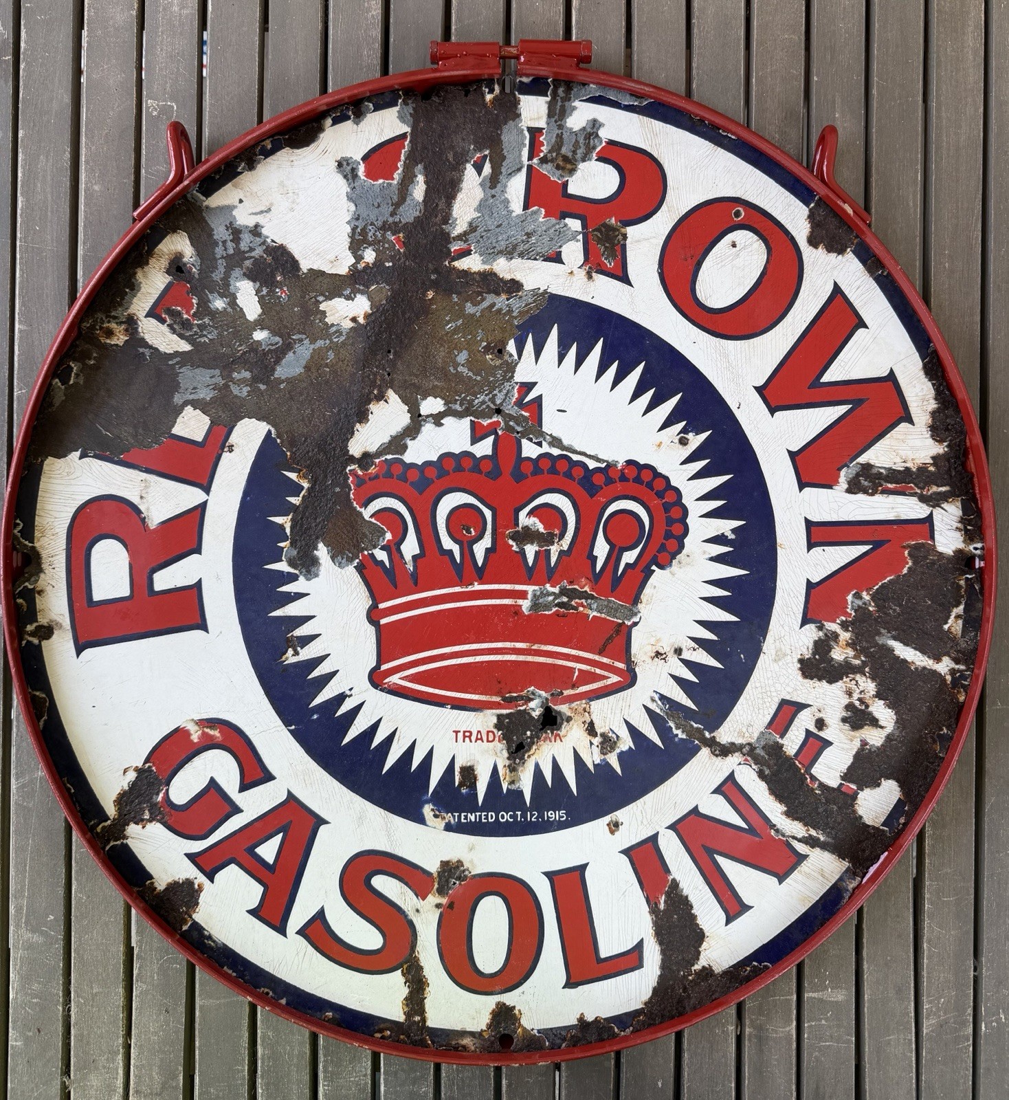 RARE ORIGINAL RED CROWN GASOLINE 24” SSP PORCELAIN SIGN STANDARD OIL 1915