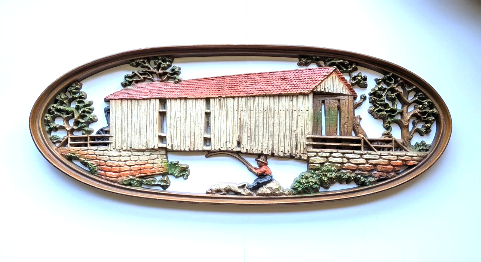 VTG 1970s Burwood Covered Bridge Fisherman 4351 Wall Decor MCM Hanger Plaque