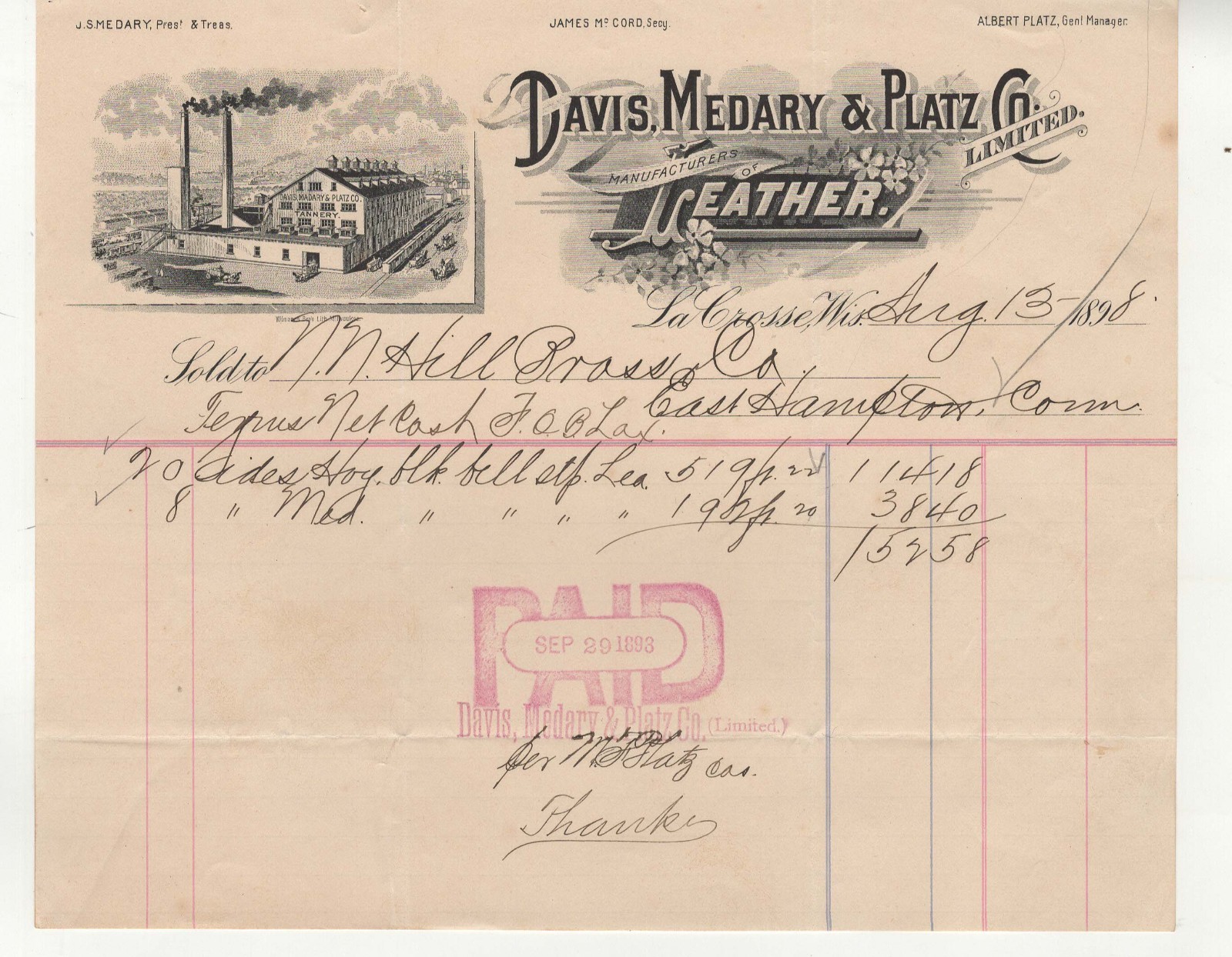 1898 Davis, Medary & Platz Co. La Crosse, Wis. Leather Illustrated Billhead 1898 Davis, Medary & Platz Co. La Crosse, Wis. Leather Illustrated Billhead
