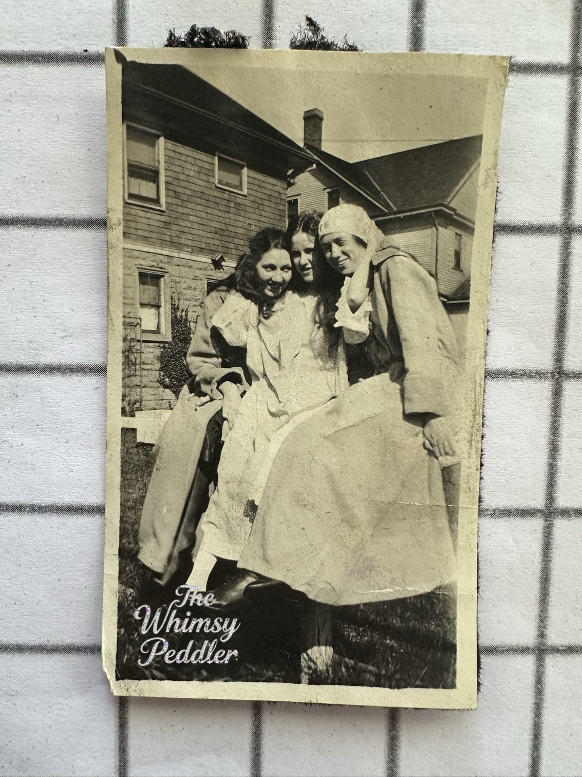 Antique 1910s 1920s Photo Three Young Women Friends Dresses Bonnets Outdoors